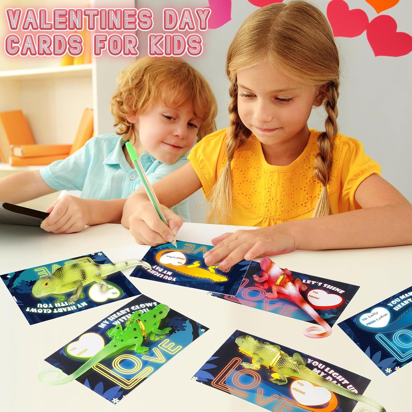 Valentines Cards for Kids Classroom,24 Pack Valentines Day Gift Cards with Glow in the Dark Lizards Toy ,Valentine Exchange Cards for School Class Prize,Bulk,Valentine Party Favor Toy for Kids