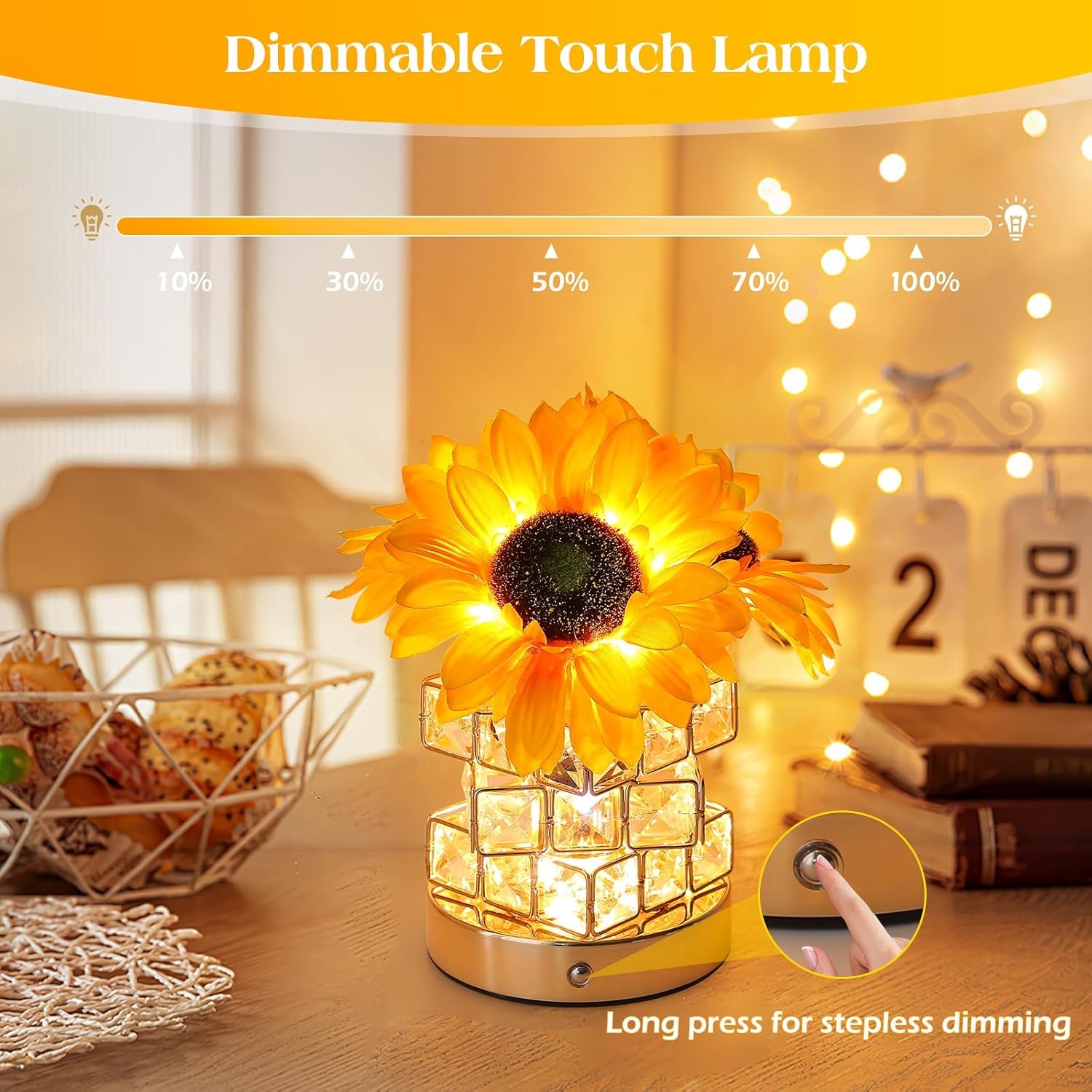 Sunflowers Flower Lamp,Rechargeable Cordless Touch Table Lamp,3-Colour Infinitely Dimming Battery Powered Small Night Light,Gifts for Women Mom for Valentine Day,Mothers Day,Xmas,Birthday