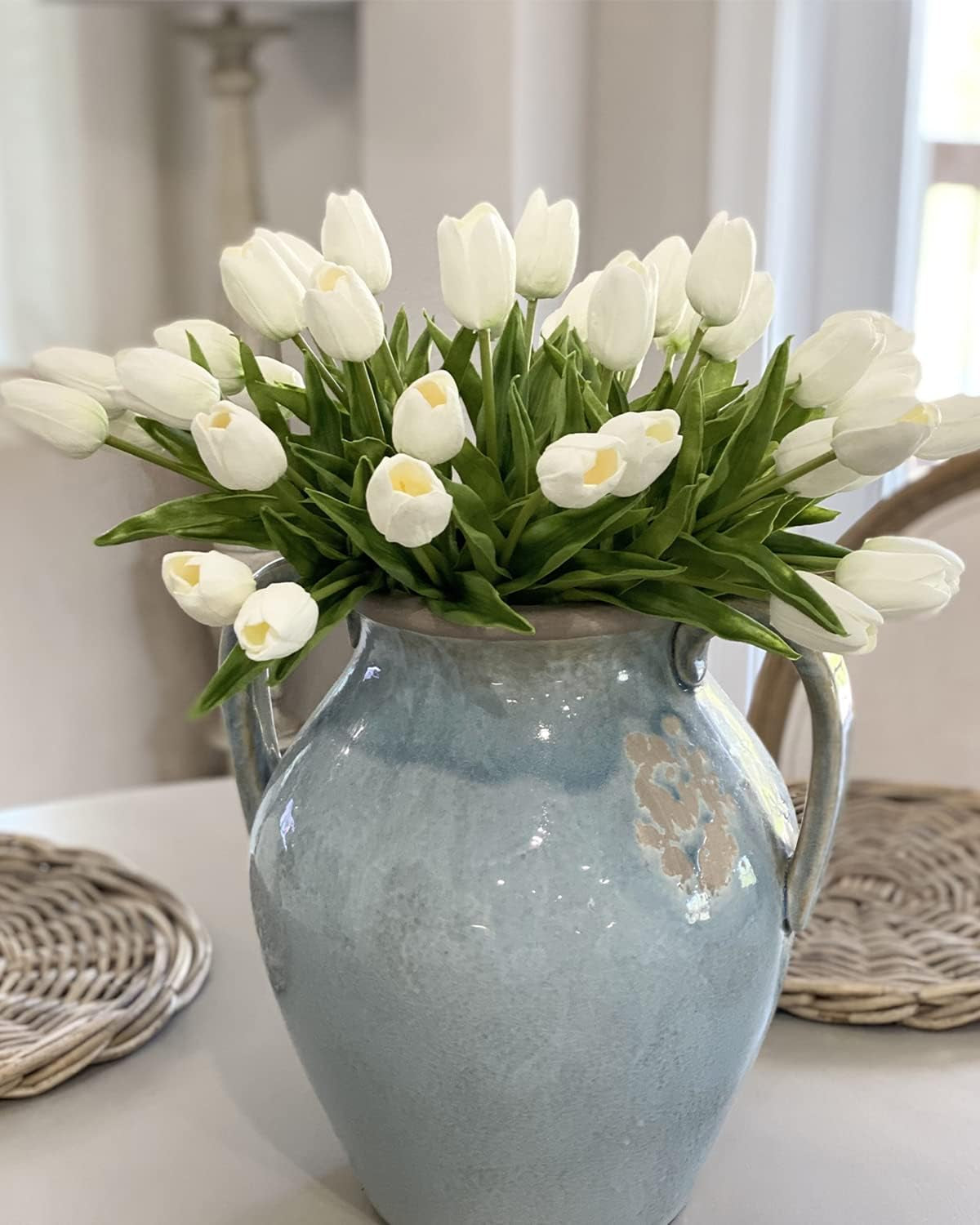 White Tulips Artificial Flowers 18Pcs Faux Silk Tulip Real Touch Tulip Fake Flowers Bouquets Arrangements for Easter Spring Flowers Valentine’S Day Mother'S Day Flower Gifts Home Table Decor