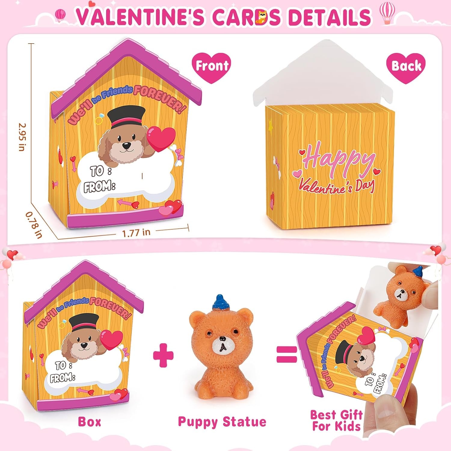 24 Pack Valentines Day Cards with Dog Figurines, Valentines Day Gifts for Kids of Puppy Miniature Toys, Kids Valentines Day Cards Box & Resin Mini Dog Toys, Valentines Party Favors for Boys Girls