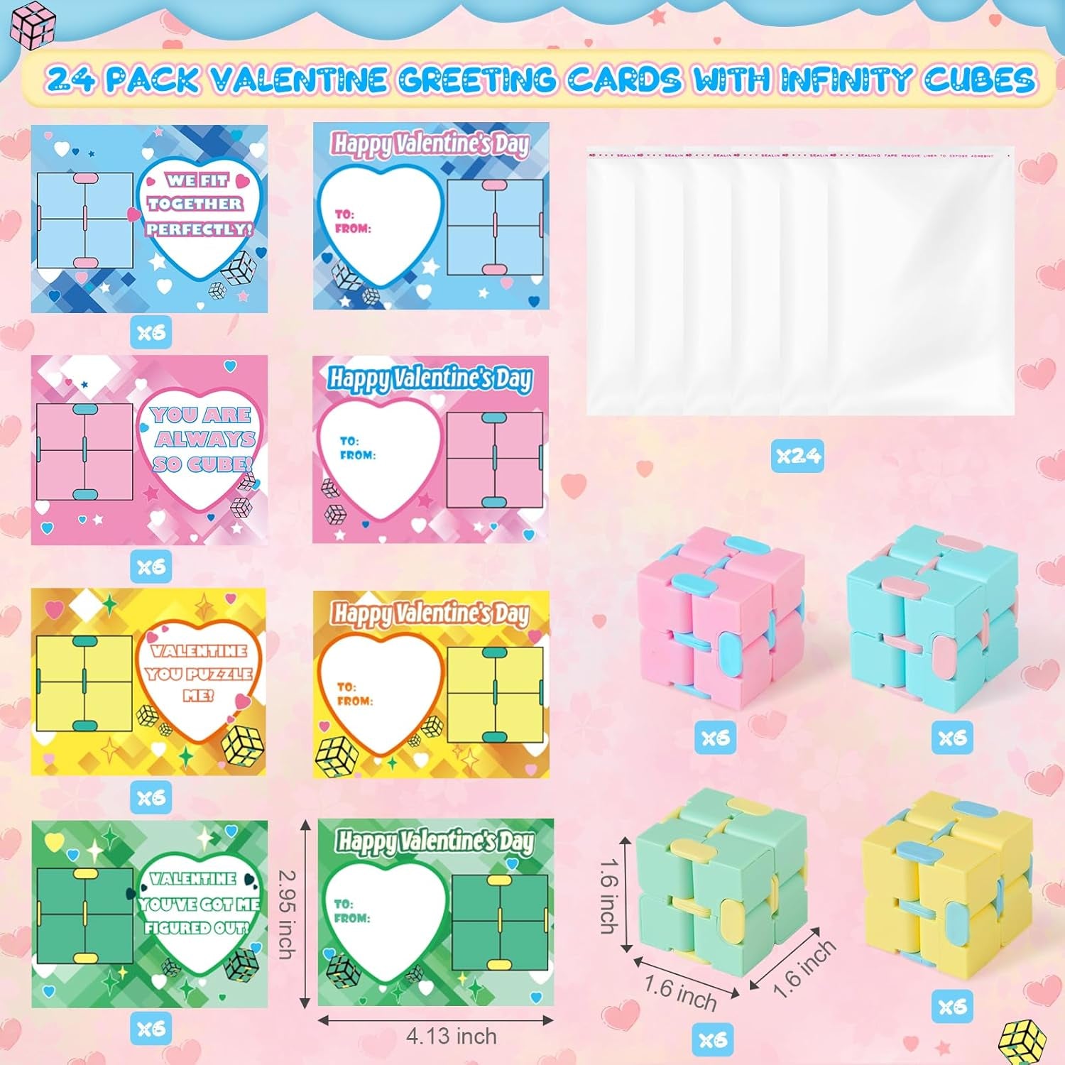 Valentines Day Cards for Kids Classroom,24 Kids Valentine Exchange Cards with Infinity Cube Fidget Toys,Perfect Valentine'S Gifts Exchange,School Class Prizes,Valentine Party Favor Toy for Boys Girls