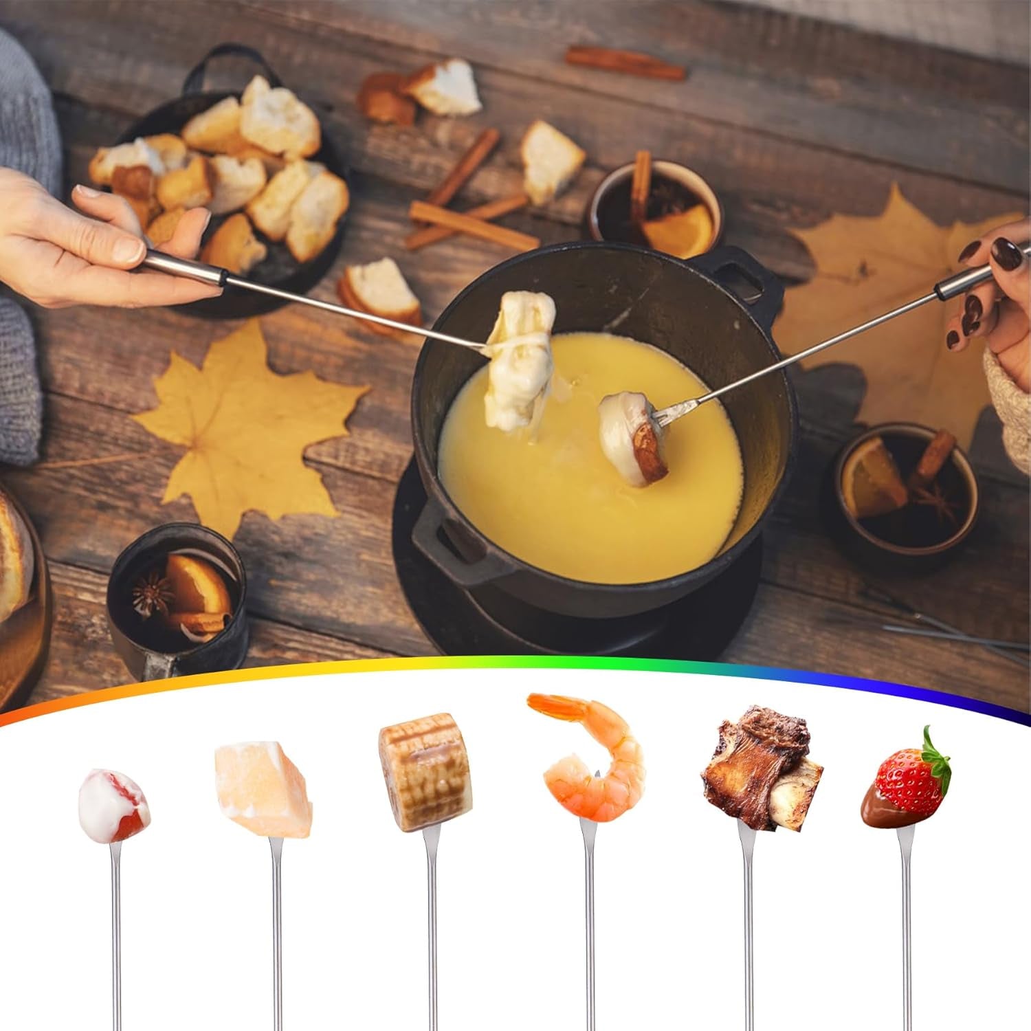 12PCS 9.5 Inch Color-Coded Stainless Steel Fondue Forks, Cheese Fondue Fork Stainless Steel Fruit Fondue Cheese with Heat-Blocking Handle for Chocolate Fountain Cheese