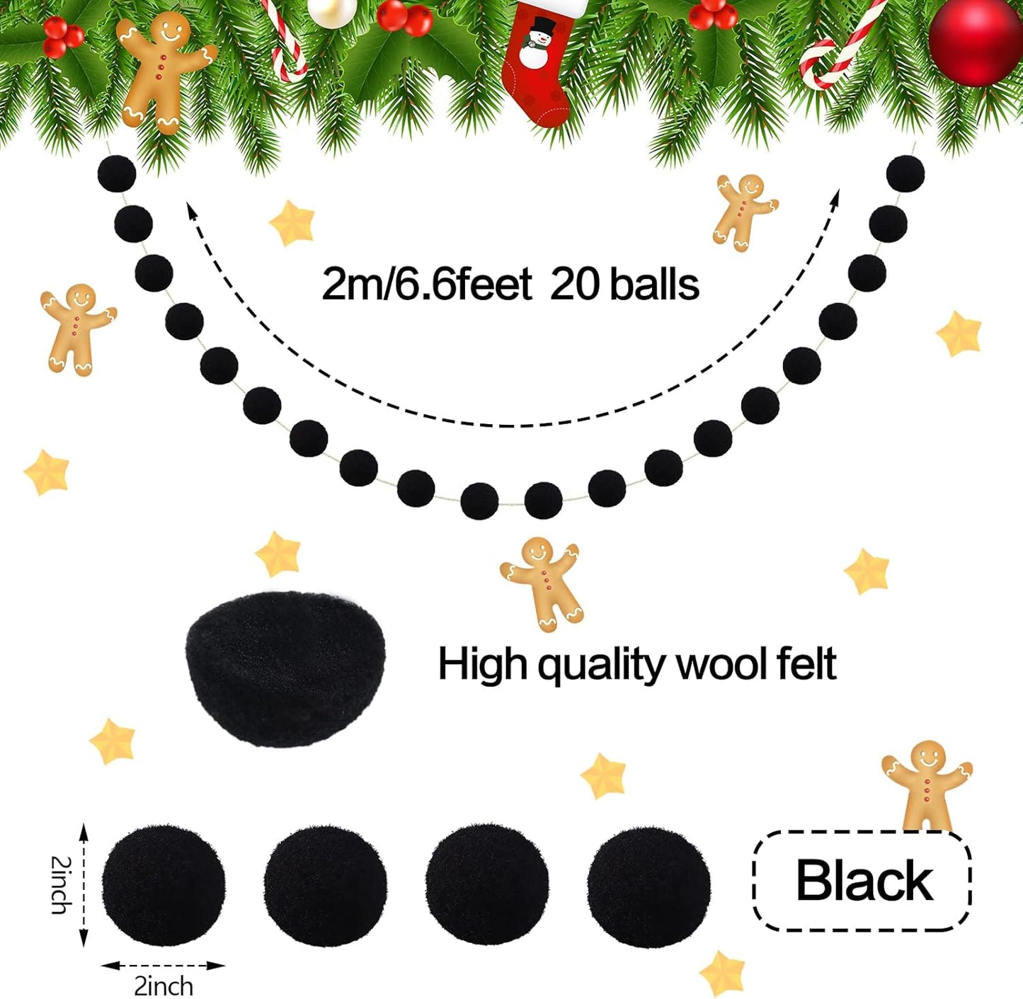 4 Pieces Valentine'S Day Pom Pom Garland Ball 6.6Ft Ball Garland Hanging Pom Pom Banner Garland for Mardi Gras Easter Halloween Thanksgiving Christmas Wedding Birthday Party Decor(Black)