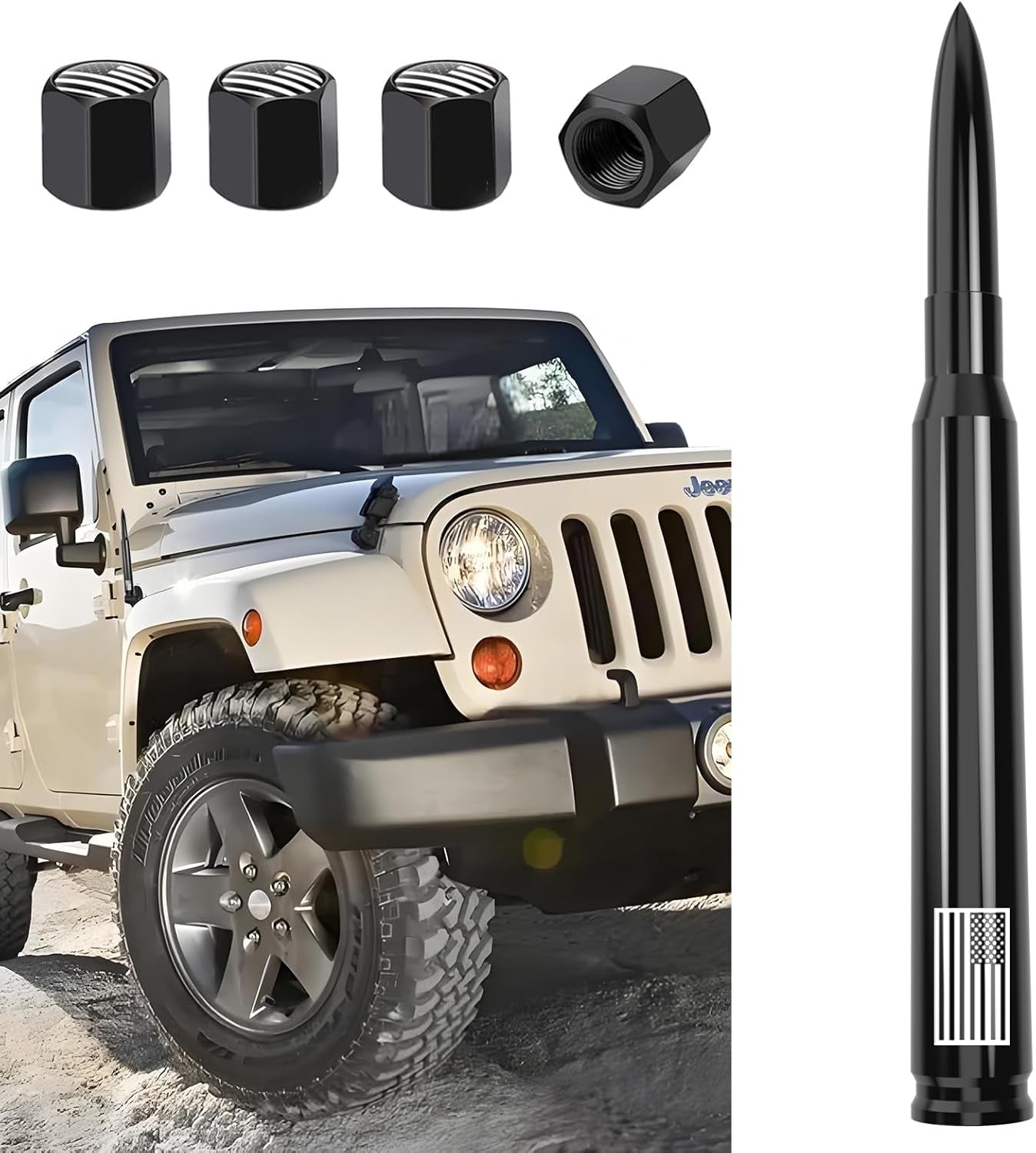 American Flag Antenna with Tire Valve Caps for Jeep Wrangler Gladiator JL JK JT Rubicon Sahara Unlimited Sport 4Xe Willys Mojave 2007-2024 Short Replacement Jeep Wrangler Accessories 7”