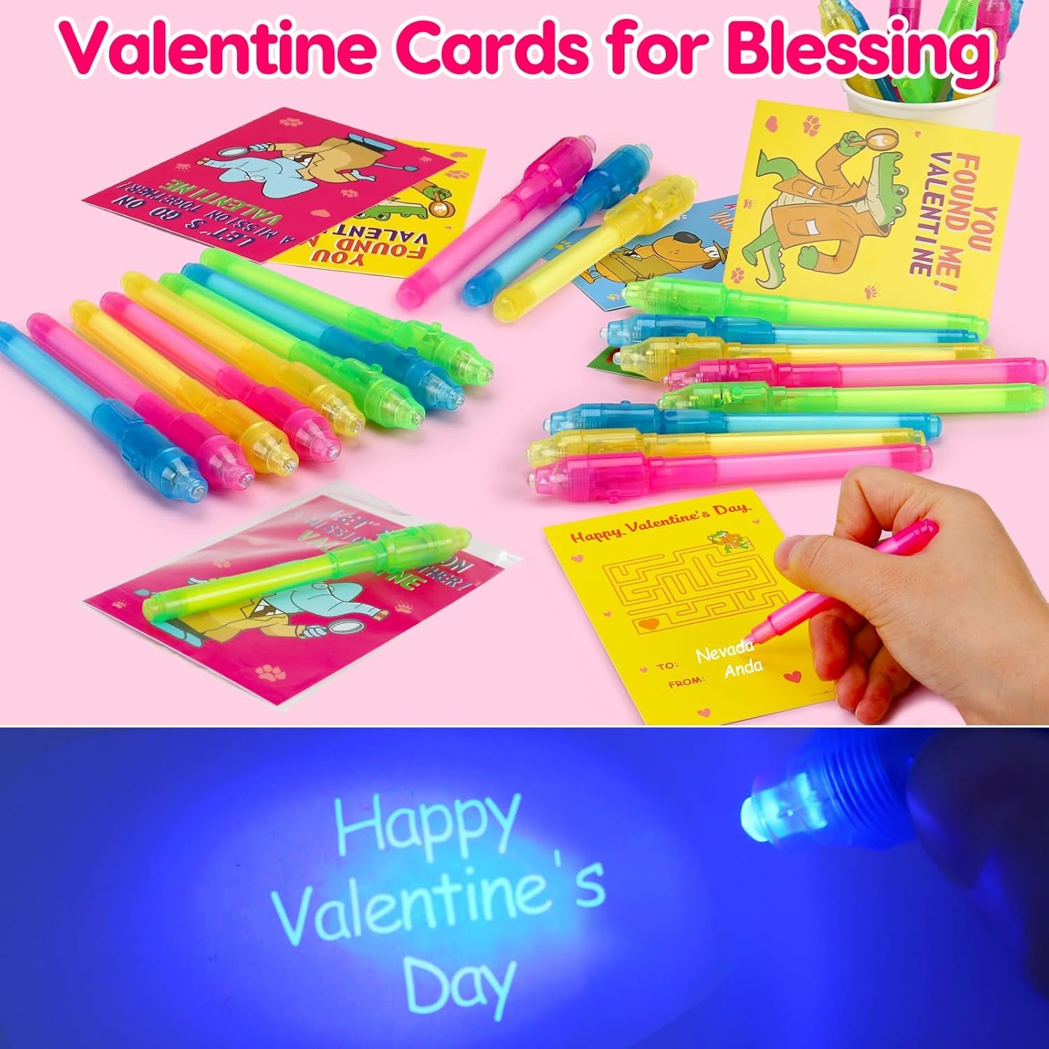 28PCS Valentines Day Gifts for Kids Classroom with Invisible Ink Pen, Kids Valentine Day Cards for School Boys Girls Student Exchange Gifts Spy Pens for Toddler Valentine'S Party Favors Treat Bulk