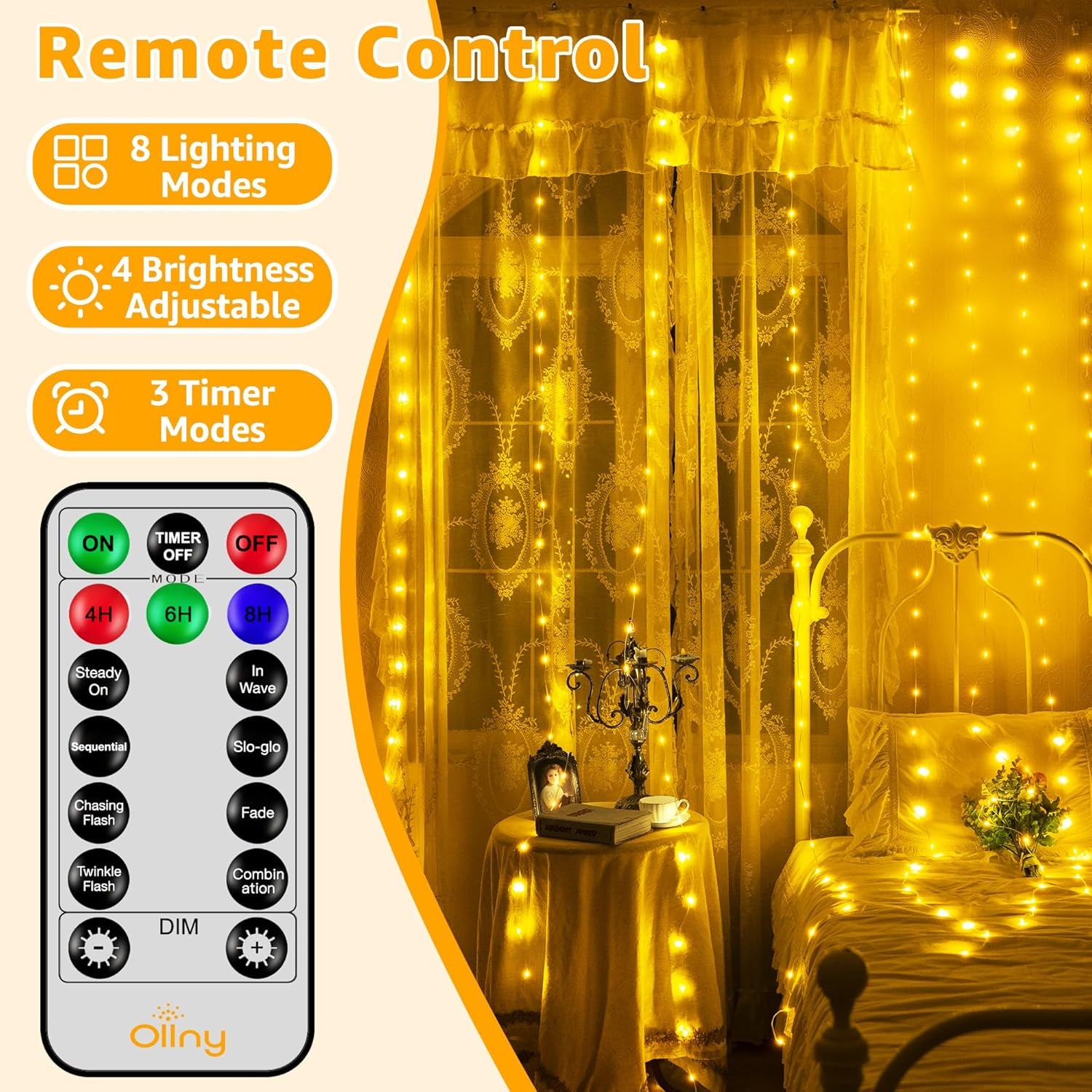 Curtain Lights 300LED 9.8Ftx9.8Ft, Connectable IP67 Waterproof Outdoor Curtain String Lights with Remote, Plug-In Untangle Fairy Lights with 8 Modes 3 Timers for Wall Backdrop Decor(Warm White)