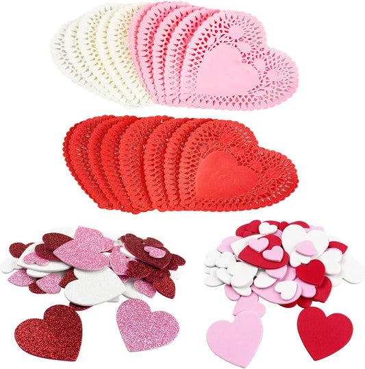 Valentines Day Crafts Set with 100 Heart Doilies, 4 Bags Foam Heart Stickers for Valentines Day Decor Kids Decoration Gifts Party Supplies