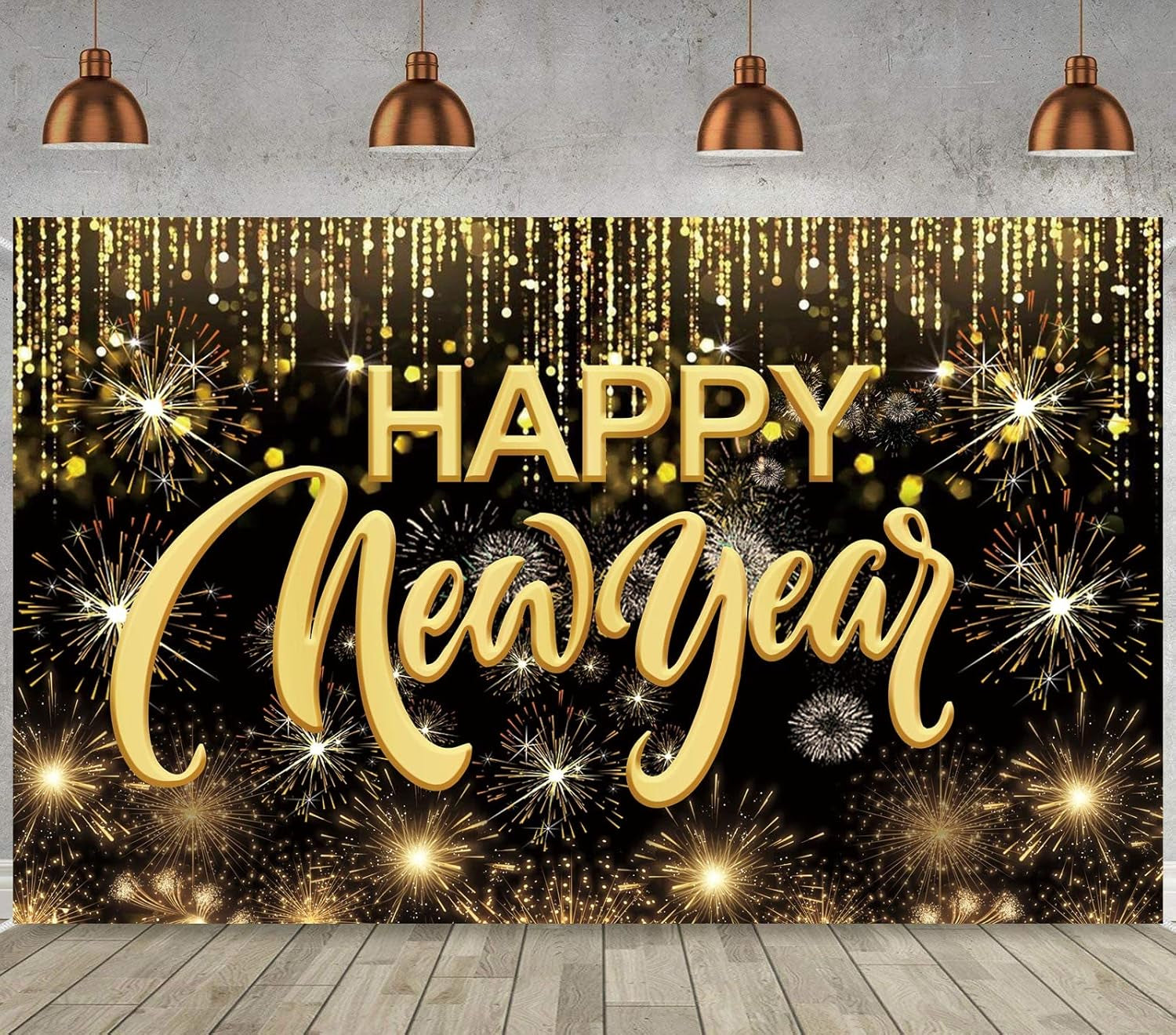 Happy New Year Hanging Extra Large Fabric Sign Poster Background Banner with Firework Pattern for New Year Party Decorations