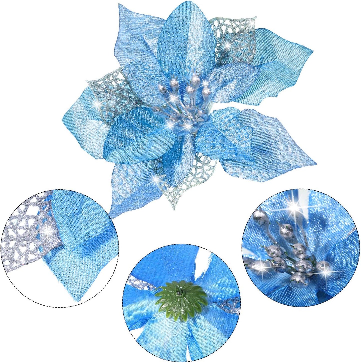 36 Pieces Christmas Poinsettia Glitter Faux Flowers Christmas Artificial Flowers Tree Ornaments Topper Xmas Decorations(Blue)