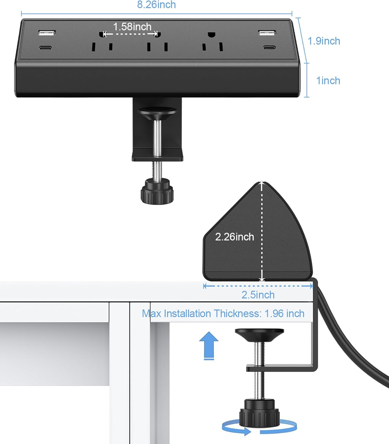 Desk Clamp Power Strip USB C,Desktop Mount Surge Protector,40W Fast Charging Station,2 PD 20W USB C Ports,3 Outlets,6Ft Flat Plug,Desk Edge Power Strip for Home,Office,Fit 1.96" Tabletop Edge