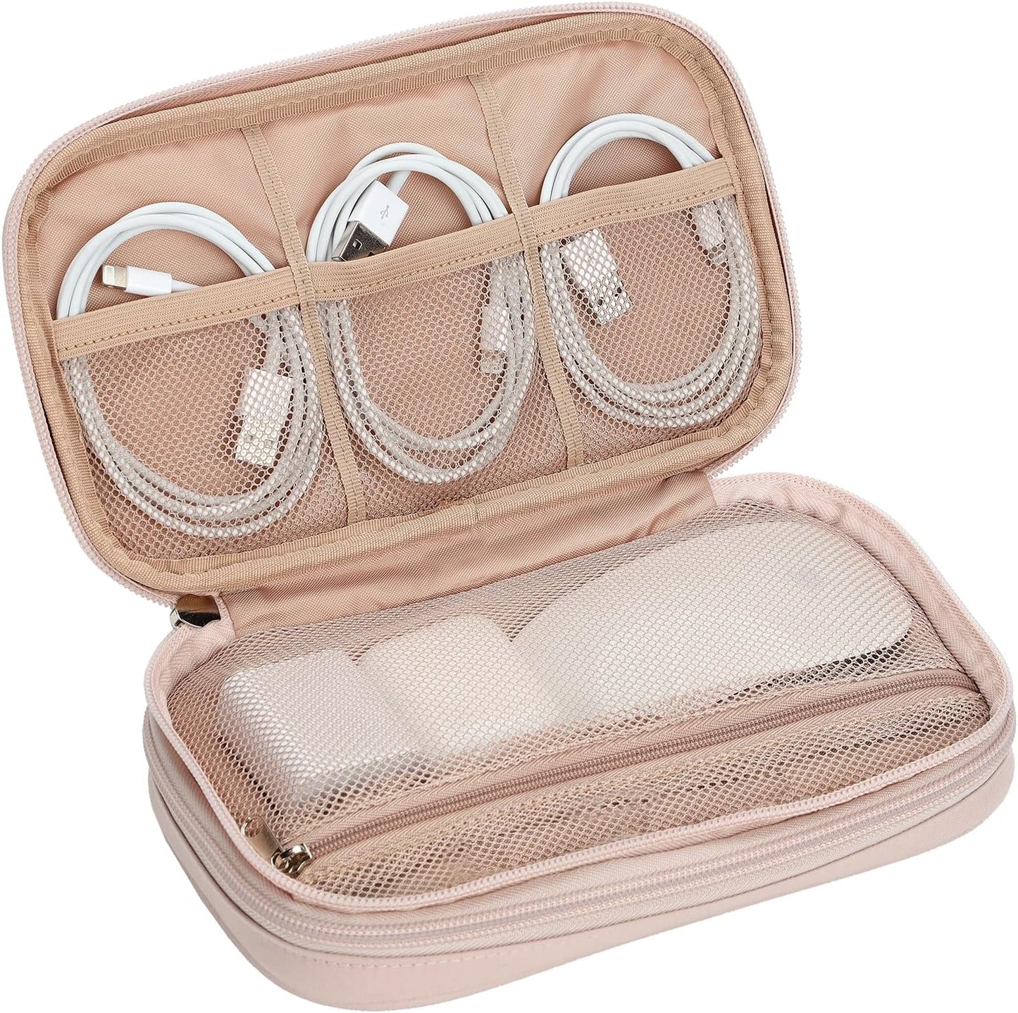 Travel Cord Organizer Case, Double Layers Tech Electronic Bag, Essentials for Charger, Cable, Phone, Flash Drive, Pink