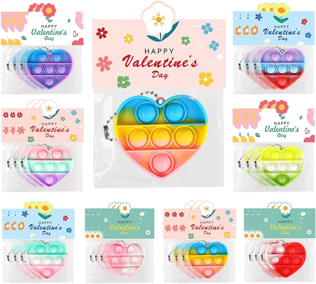 32 Pack Valentine'S Day Heart-Shaped Pop Fidget Toys for Kids, Classroom Bulk Gifts with Keychains & Cards, Perfect for School Party & Class Exchanges