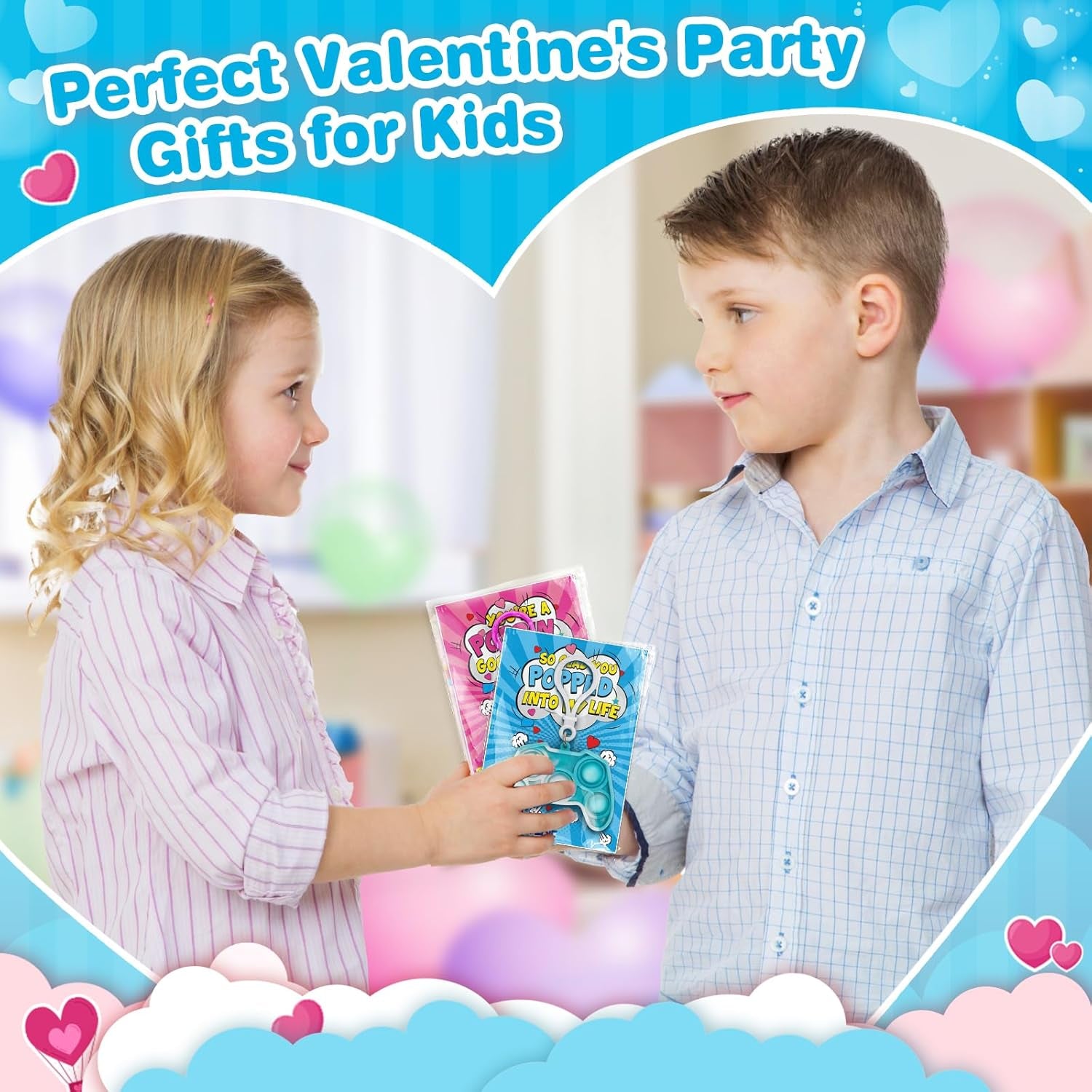 Valentines Cards for Kids Classroom, 24 Packs Game Shape Pop Fidget Keychains Bulk, Class Valentines Gifts for Kids, School Exchange Prizes & Party Favors for Boys Girls