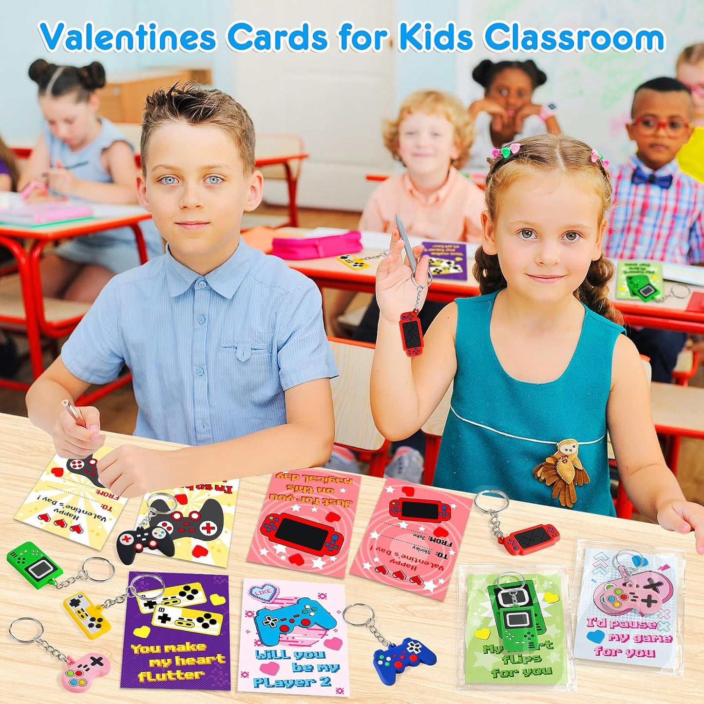 Valentines Gifts Cards for Kids Classroom, 30 Pack Game Console Keychain with Cards, Valentines Day Exchange Prizes for School, Valentines Party Favors, Valentines Day Gifts for Kids