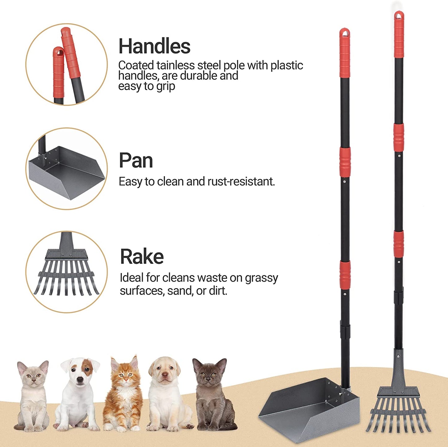 Dog Pooper Scooper, Dog Poop Tray and Rake Set, Pet Waste Removal Scoop with Long Adjustable Sectional Stainless Handles, 2 Pieces