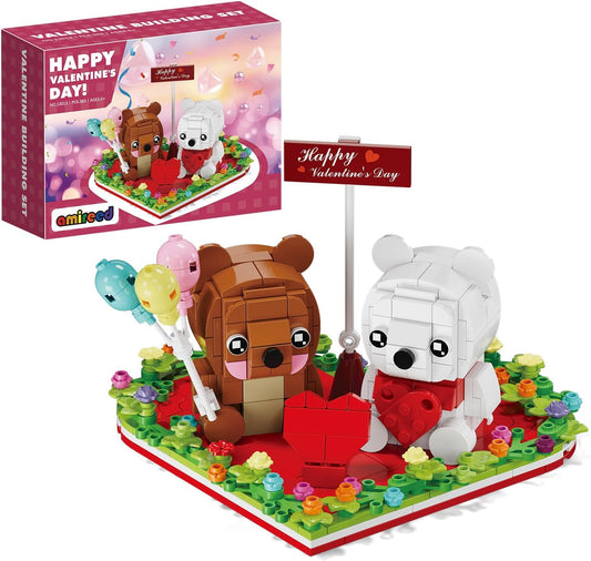 Valentine'S Brown and White Bear Toys, Love Heart Ornament Frame Building Blocks Set, Valentine'S Day Gift Bricks Toy School Classroom Gift Exchange for Kids