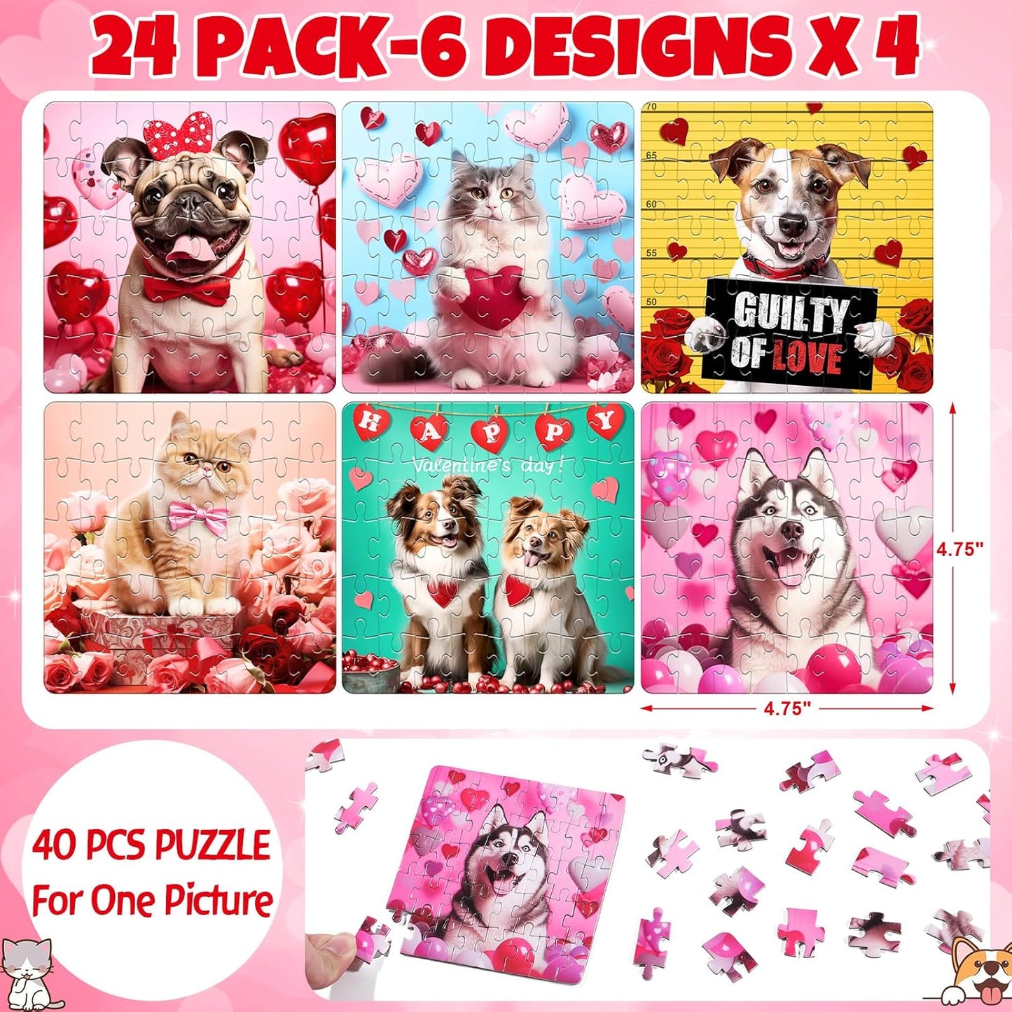 Valentines Day Gifts for Kids - 24 Packs Cat Dog Jigsaw Puzzles with Kids Valentines Day Cards for Classroom School Kids Boys Girls, Valentines Puzzle Gift Exchange Party Favors Class Prizes