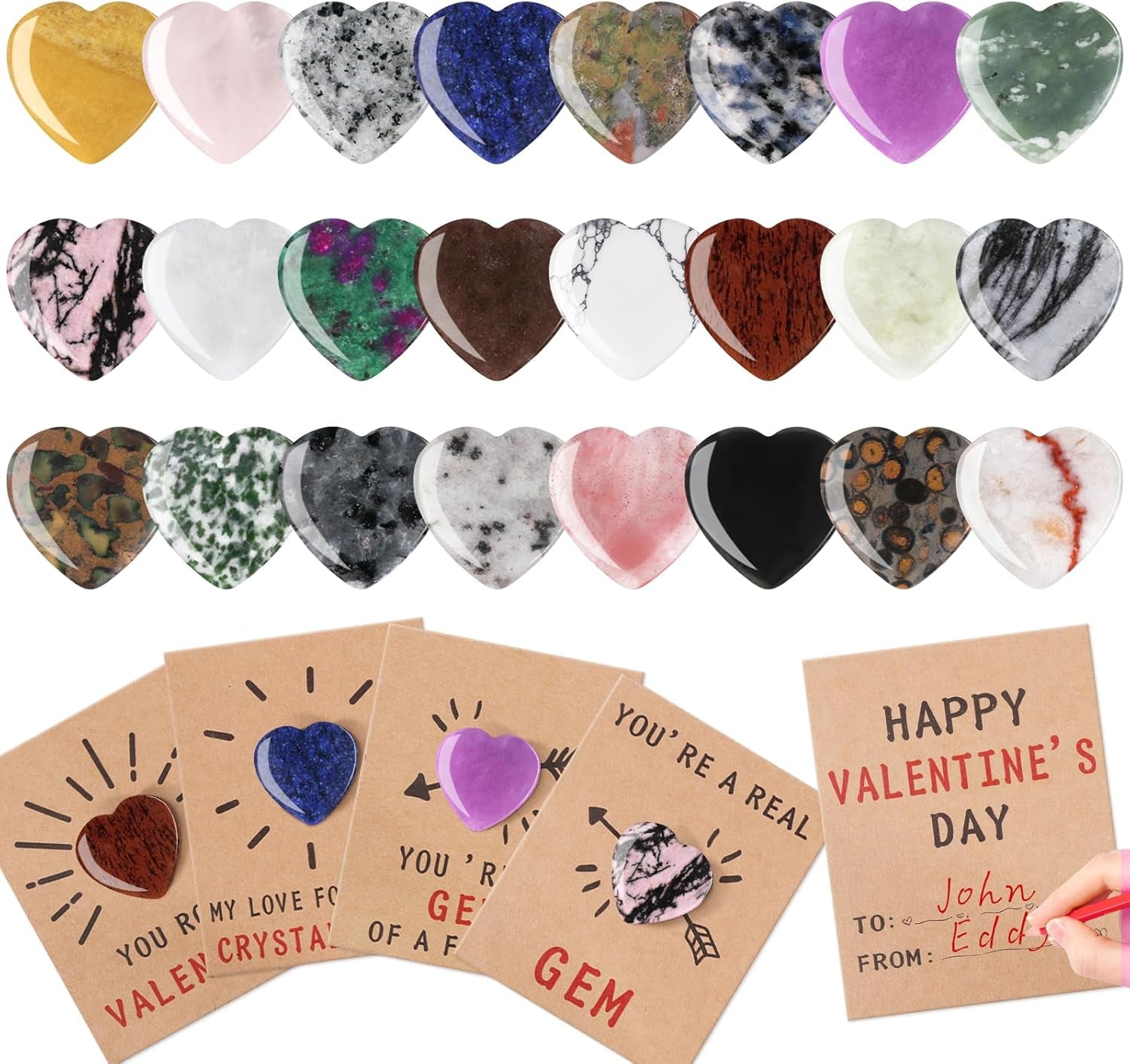 Valentines Day Gifts for Kids - 24 Pack Valentine'S Day Cards with Heart Shape Gem Stone for Classroom School Party Favors, Valentine Rock Bulk Exchange Gift for Boys Girls