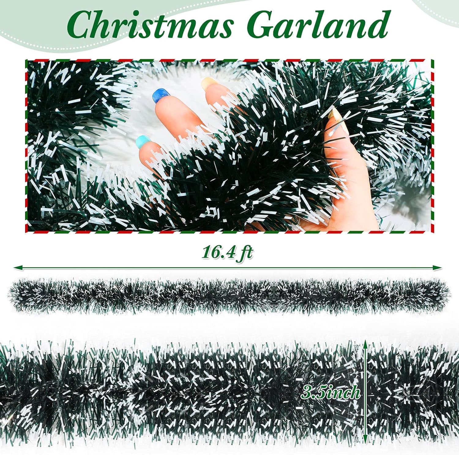 2 Pcs Dark Green Tinsel Garland Christmas Tree Decoration Streamer White Snow Metallic Garland Xmas Tree Hanging Streamers for Party Supplies Indoor Outdoor Decor, 3.5 Inch Wide