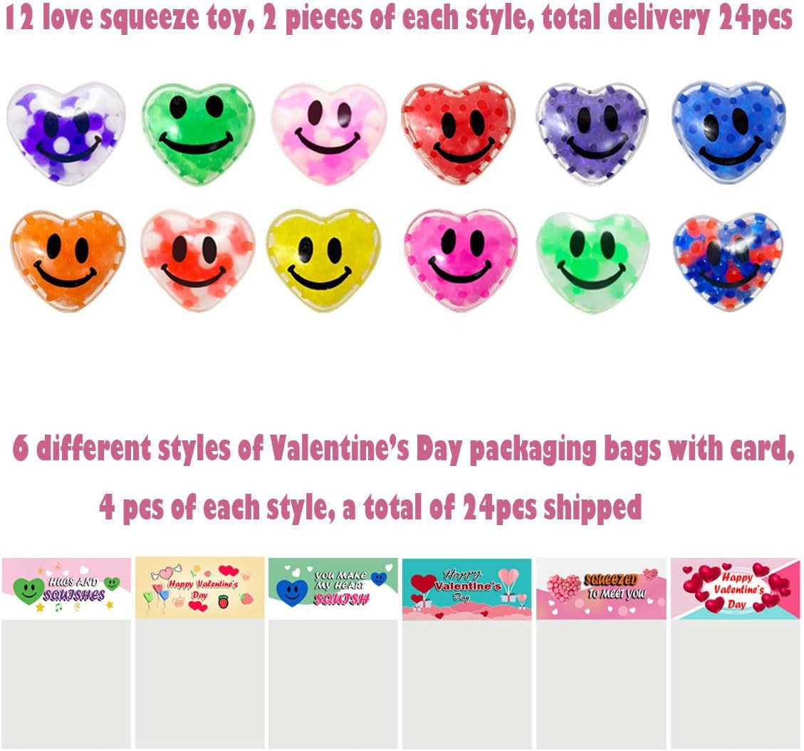 24 Pack Valentines Day Gifts Cards with Heart Stress Balls Squishy Squeeze Toys Great for Adults Valentines Party Favors Valentine'S Day Gifts