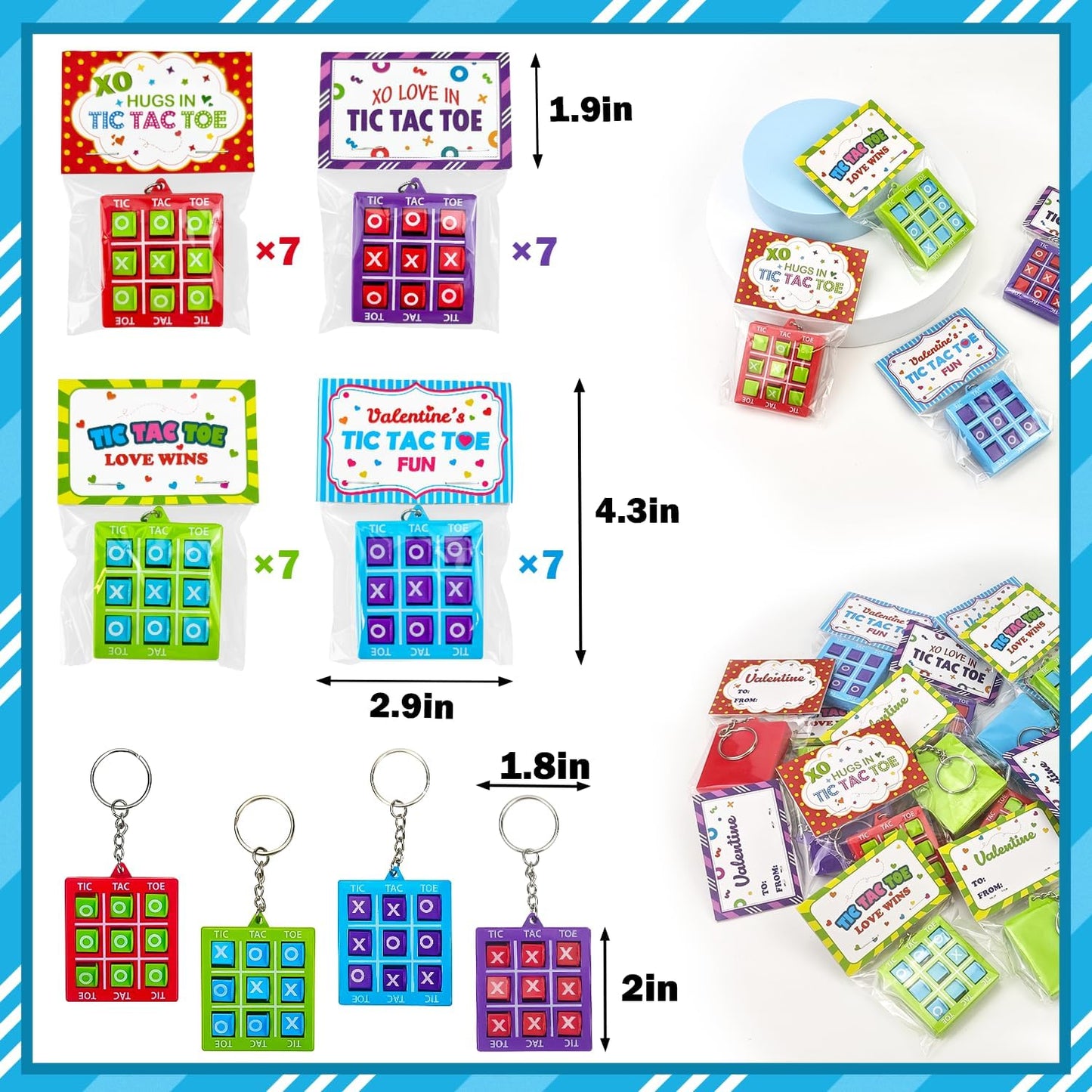 Valentines Day Gifts for Kids School Classroom - 28 Pack, Valentine Exchange Cards with Tic Tac Toe Game Keychain for Boys Girls, Party Favors Goodie Bag Stuffer Class Treat Prize Toys for Toddlers