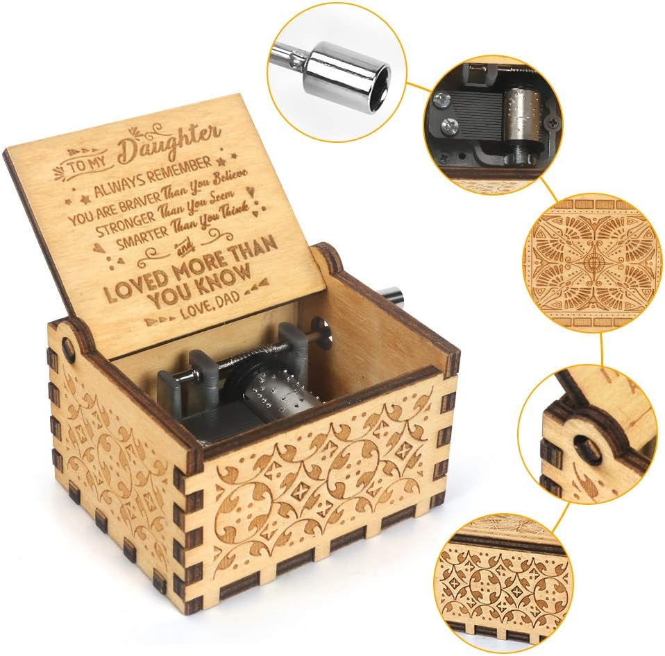 Music Box Hand Crank Engraved Musical Box-You Are My Sunshine Mechanism Antique Vintage Gift to My Daughter from Dad(You Are Braver Than))