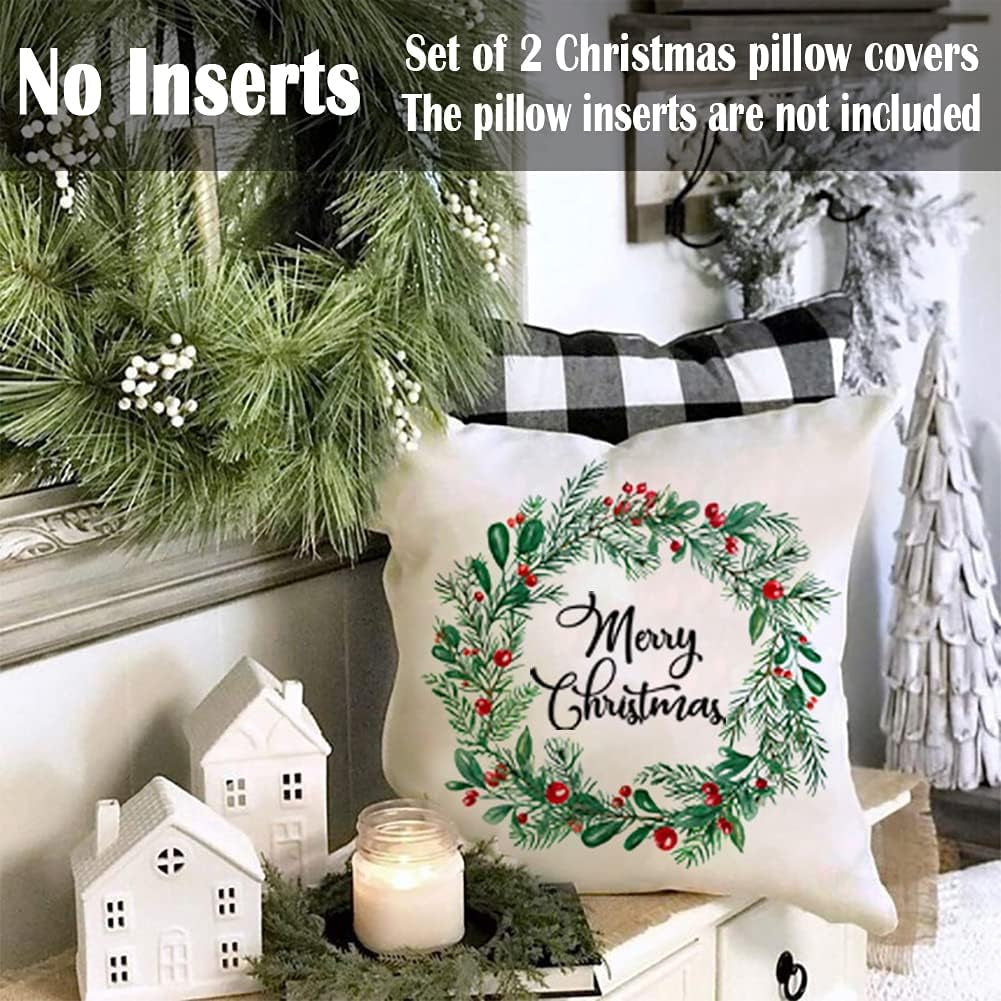 Merry Christmas Wreath Throw Pillow Covers 18X18 Set of 2 Christmas Tree Green Pillow Covers for Sofa Couch Farmhouse Christmas Decorations