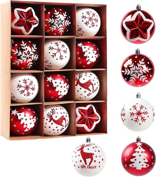 Christmas Ball,12Pcs Christmas Ball Decoration Set,Shatterproof Plastic Christmas Tree Balls Decorations,Red and White Classic Color Christmas Tree Decorations,Christmas Decorations