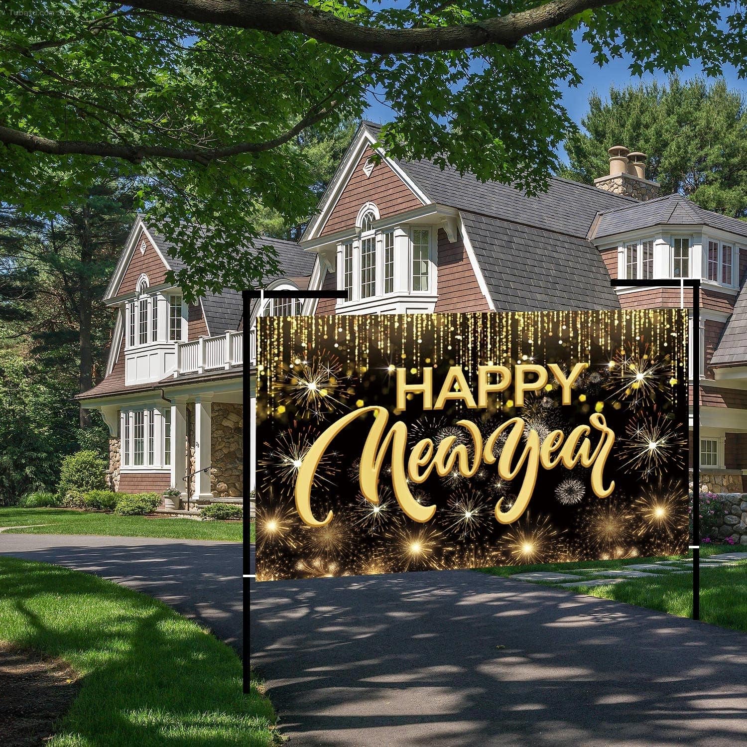 Happy New Year Hanging Extra Large Fabric Sign Poster Background Banner with Firework Pattern for New Year Party Decorations