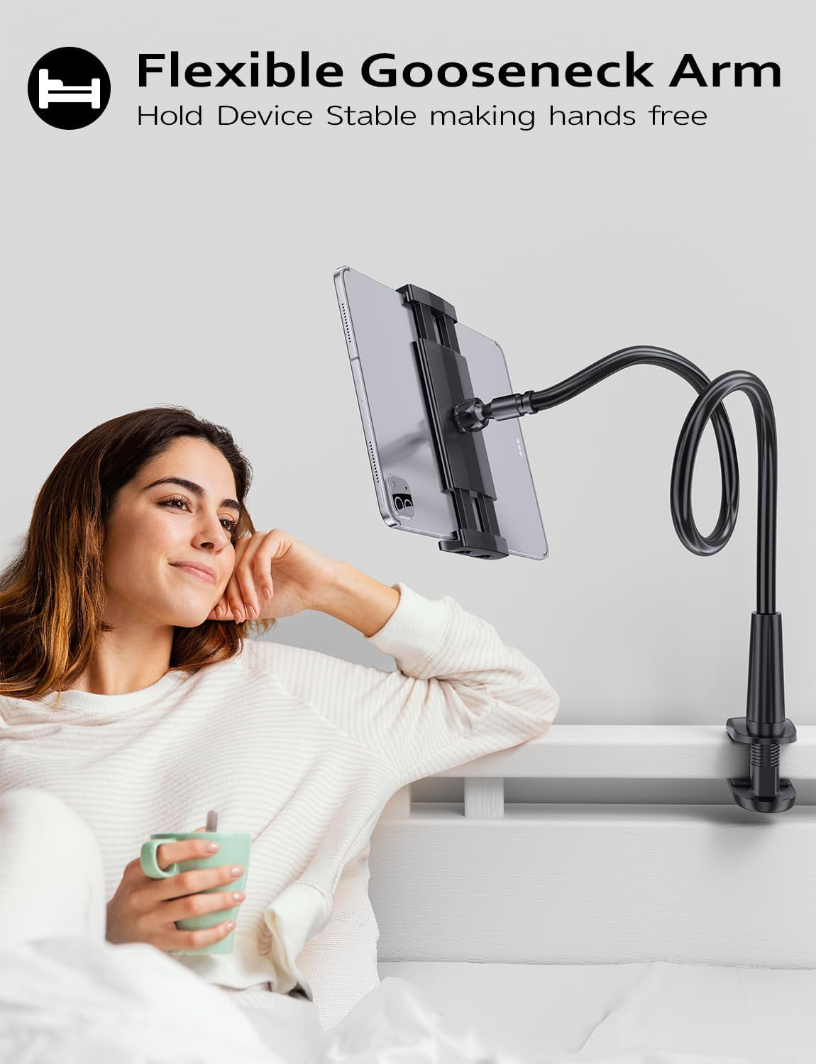 Gooseneck Tablet Holder Stand for Bed Adjustable Flexible Arm Tablets Mount Clamp on Table Compatible with Ipad Air Mini | Galaxy Tabs | Kindle Fire | Switch or Other 4.7-10.5" Devices