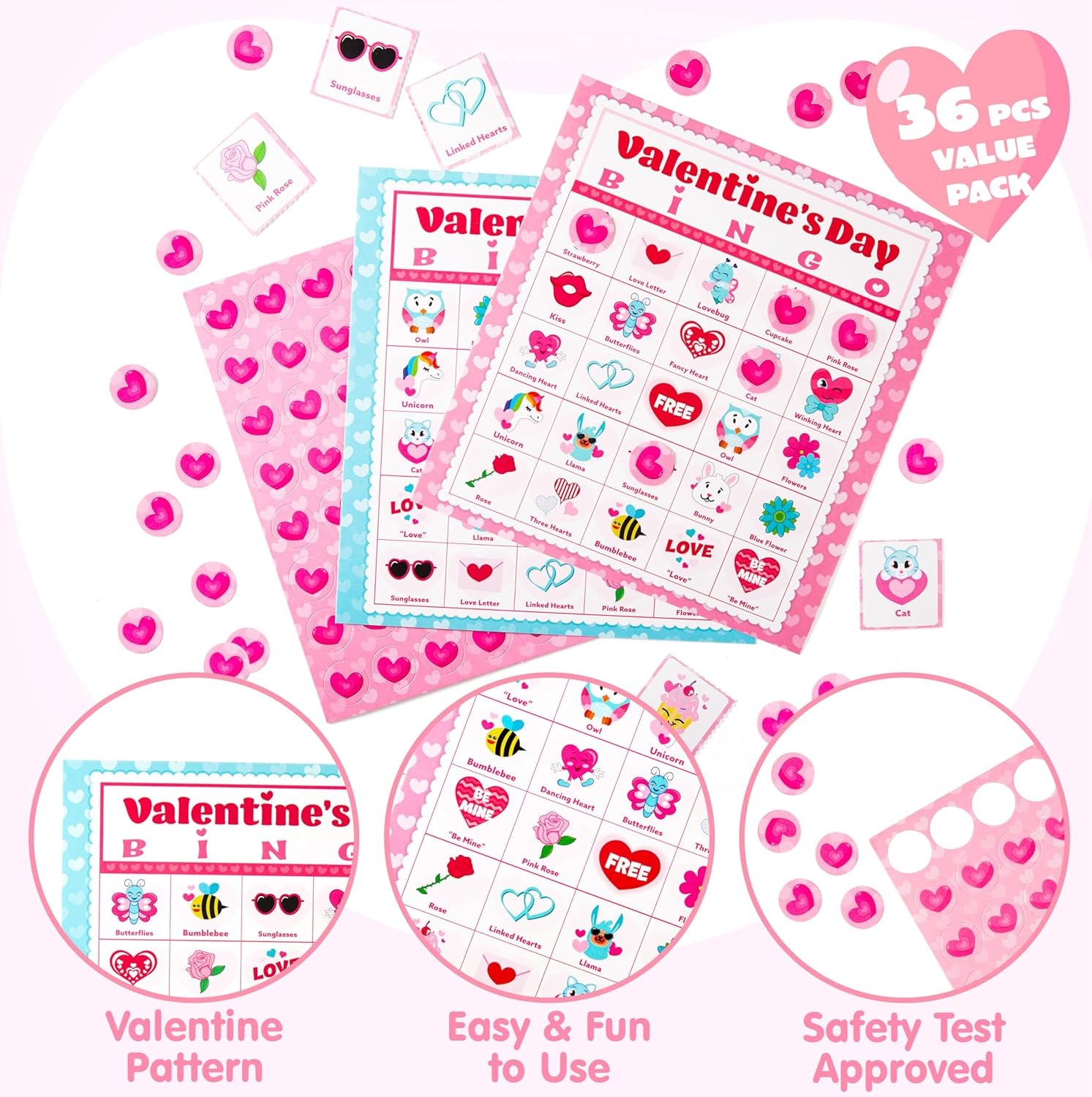 36 Players Valentines Day Bingo Cards (5X5) for Kids School Classroom Exchange Gift Rewards, Fun Party Games, Indoor Family Activities