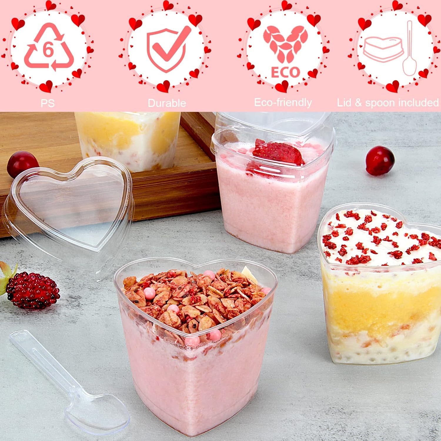 60 Pack Dessert Cups with Lids and Spoons, 5 Oz Heart-Shaped Clear Plastic Appetizer Parfait Cups for Mother'S Day Gift, Wedding, Bridal Shower