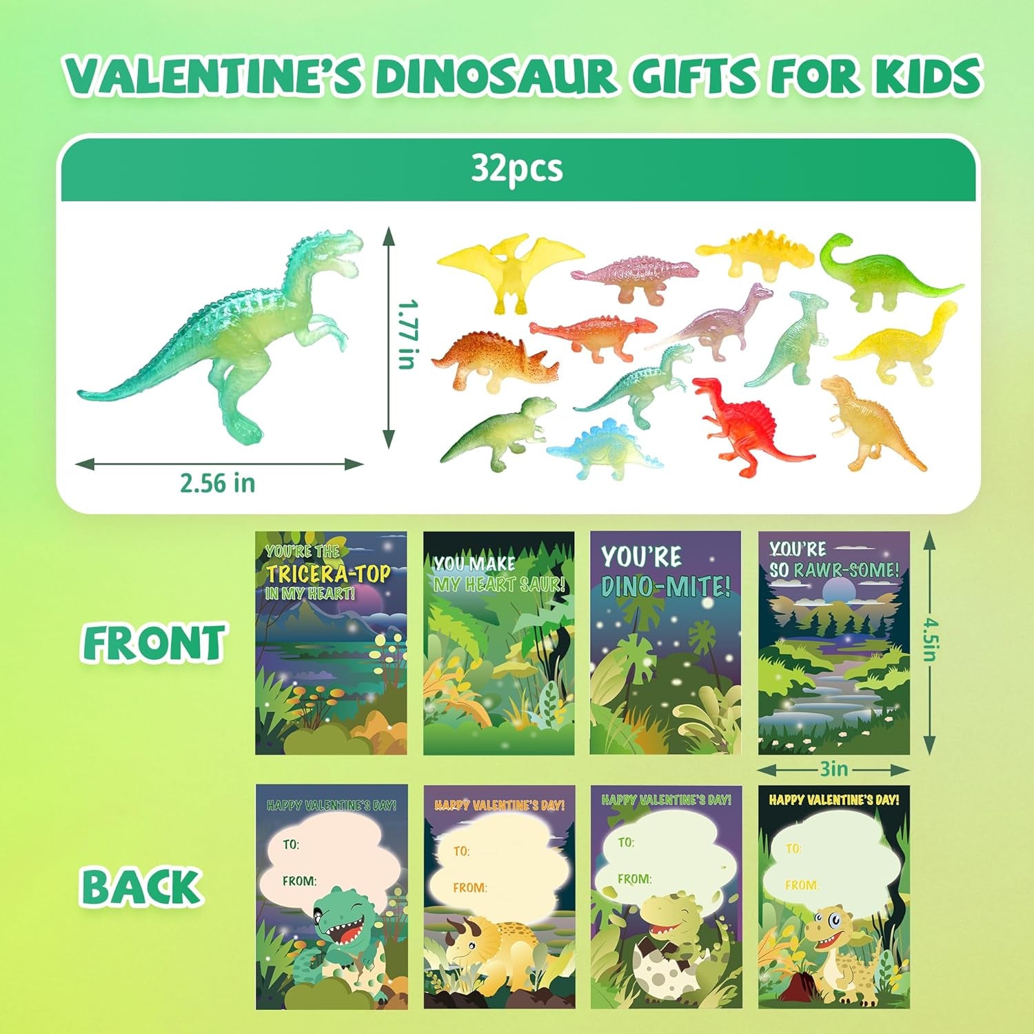 Valentines Day Cards Gifts for Kids School - 32 Pack Glow in Dark Dinosaur Toys with Cute Dinosaur-Themed Cards, Kids Valentines Exchange Gifts Ideas Preschool Valentine Gifts Favors