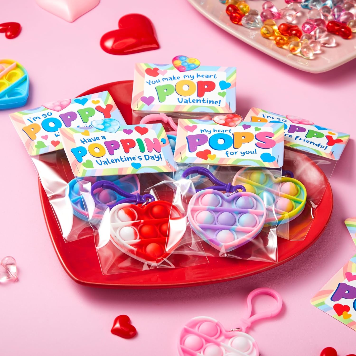 30 Packs Valentine’S Day Gift Cards with Heart Pop Bubble Keychain, Mini Pop Squeeze Toys, Stress Relief Fidget Toys for Kids Valentine'S Party Favors, Classroom Exchange and Game Prizes