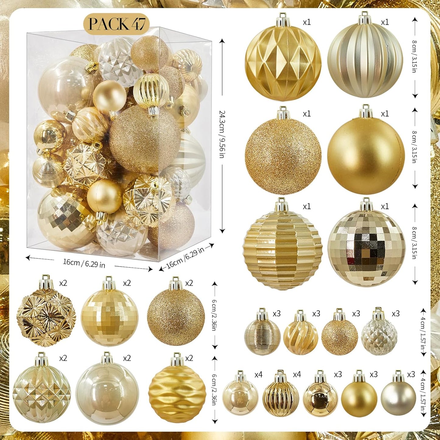 Gold Christmas Decorations 47PCS Christmas Tree Ornaments for Holidays, Gold Shatterproof Christmas Ornaments with Hooks, Multi-Styles and 3 Sizes