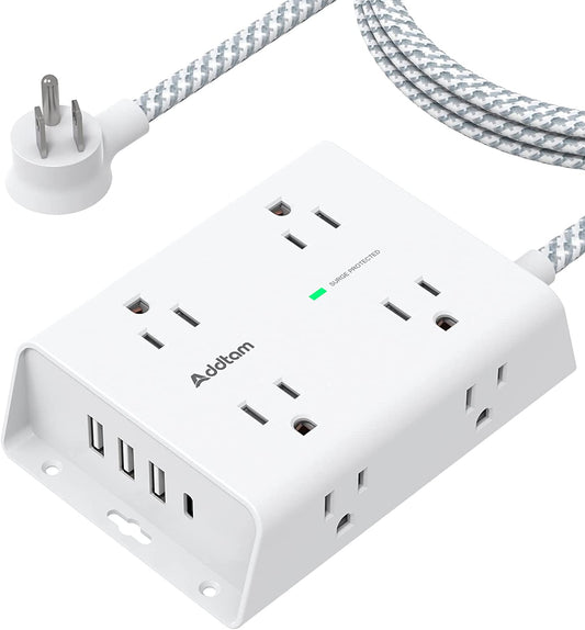 Surge Protector Power Strip - 8 Widely Outlets with 4 USB Ports(1 USB C Outlet),  3-Side Outlet Extender Strip with 5Ft Extension Cord, Flat Plug, Wall Mount for Dorm Home Office, ETL Listed