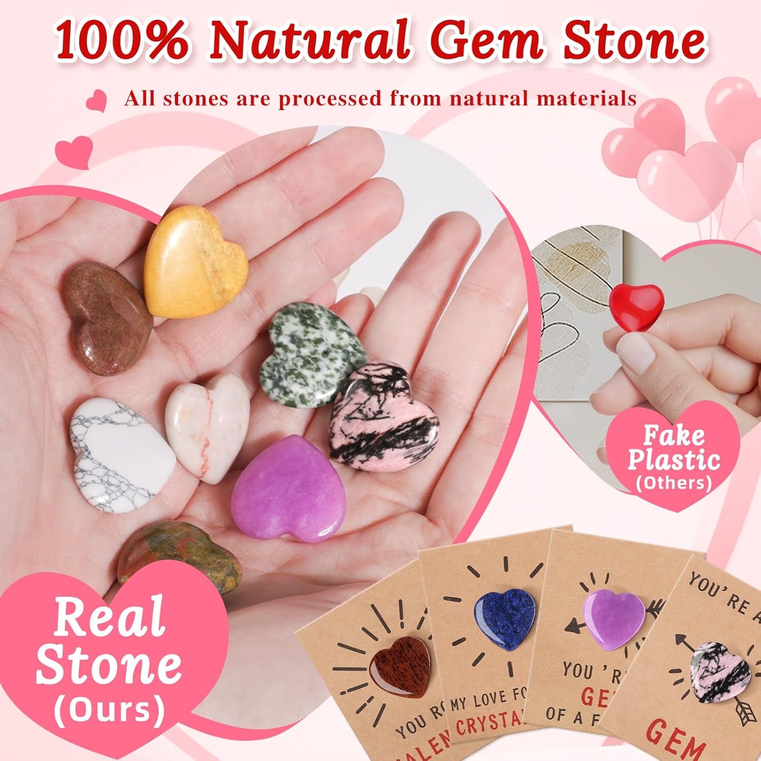 Valentines Day Gifts for Kids - 24 Pack Valentine'S Day Cards with Heart Shape Gem Stone for Classroom School Party Favors, Valentine Rock Bulk Exchange Gift for Boys Girls