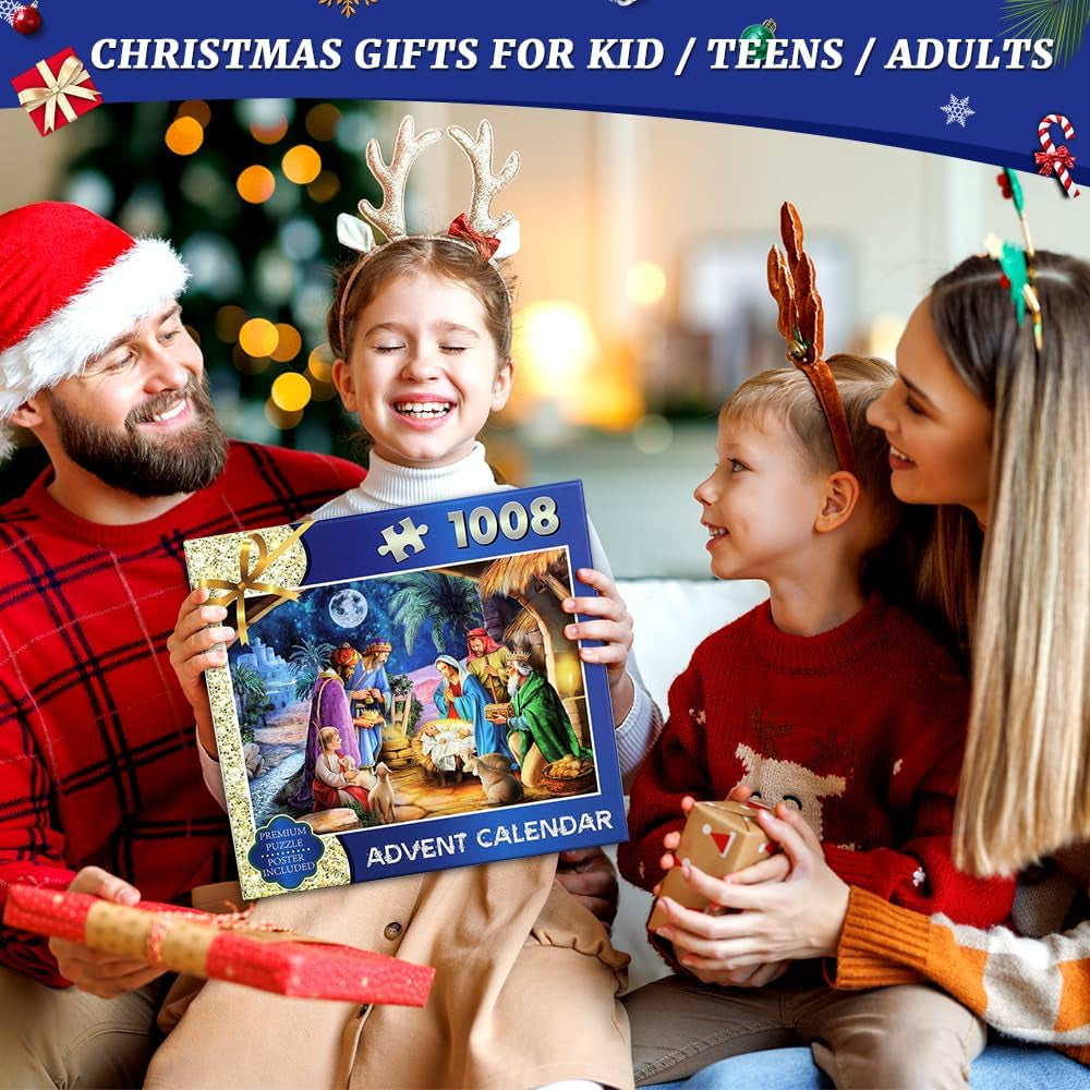 Advent Calendar 2024 Christmas Jigsaw Puzzles, Christmas Countdown Calendar for Kids Teens Adults, 24 Days of Christmas Advent Calendar with 1008 PCS Puzzles, Christmas Gifts Home Decorations, G7871