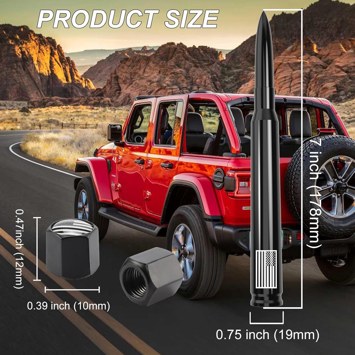 American Flag Antenna with Tire Valve Caps for Jeep Wrangler Gladiator JL JK JT Rubicon Sahara Unlimited Sport 4Xe Willys Mojave 2007-2024 Short Replacement Jeep Wrangler Accessories 7”