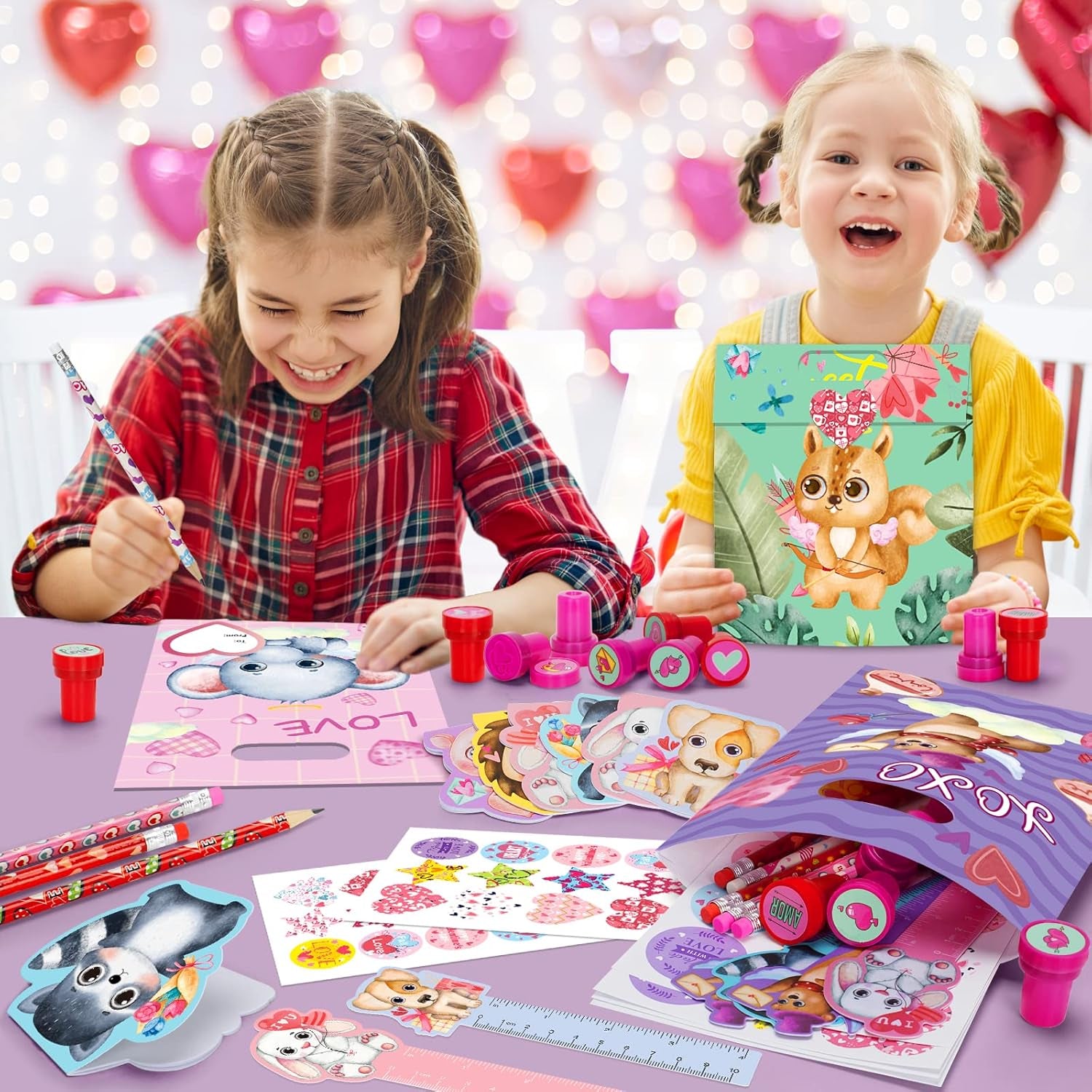 168 Pcs Valentines Day Stationery Kids Gifts Set, Valentines Gifts for Kids School Classroom Exchange, Valentines Party Favors for Boys Girls, Assorted Goodie Bag Pencil Sticker Ruler Stamp Notepad