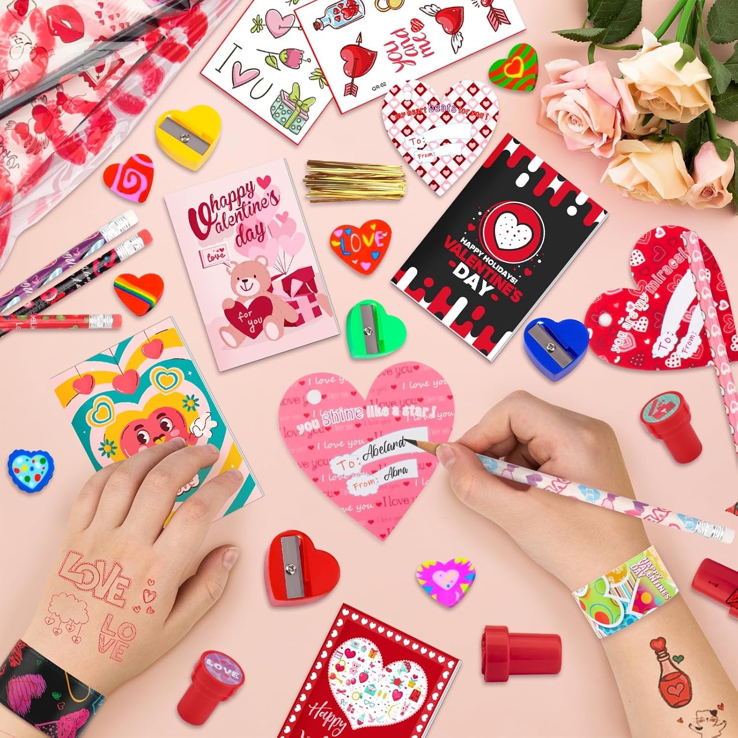 Valentine'S Day Gifts for Kids, 240Pcs Classroom Exchange Stationery Set with Card,Pencil, Sharpener, Eraser, Notebook,Slap Bracelet, Stamp,Tattoo Sticker, Goodie Bag Stuffers for School Party Favors