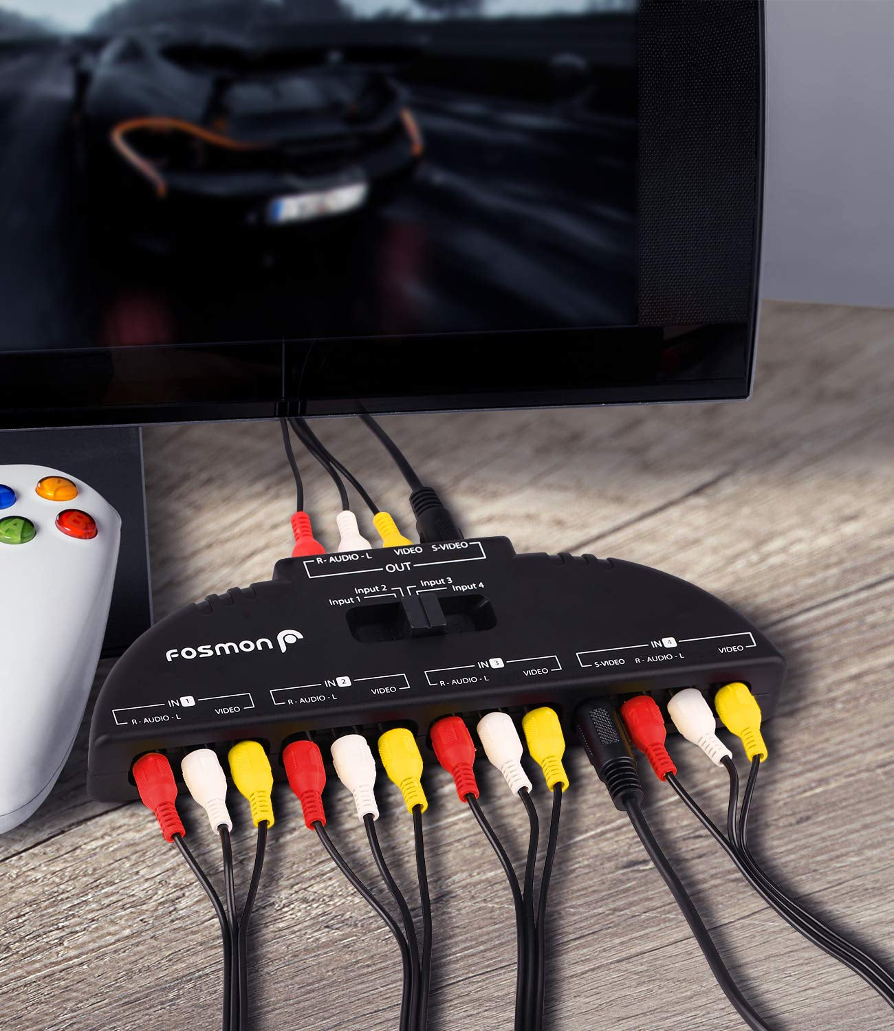 4-Way Audio/Video RCA Switch Selector/Splitter Box & AV Patch Cable for Connecting 4 RCA Output Devices to Your TV