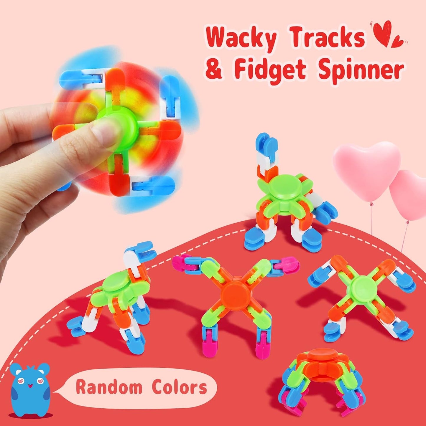 28 Pack Valentines Day Gifts for Kids - Wacky Tracks Fidget Spinner with Valentine'S Day Greeting Cards for Kids, DIY Deformable Spinner Classroom Valentine'S Party Favor, Exchange Prizes Gift