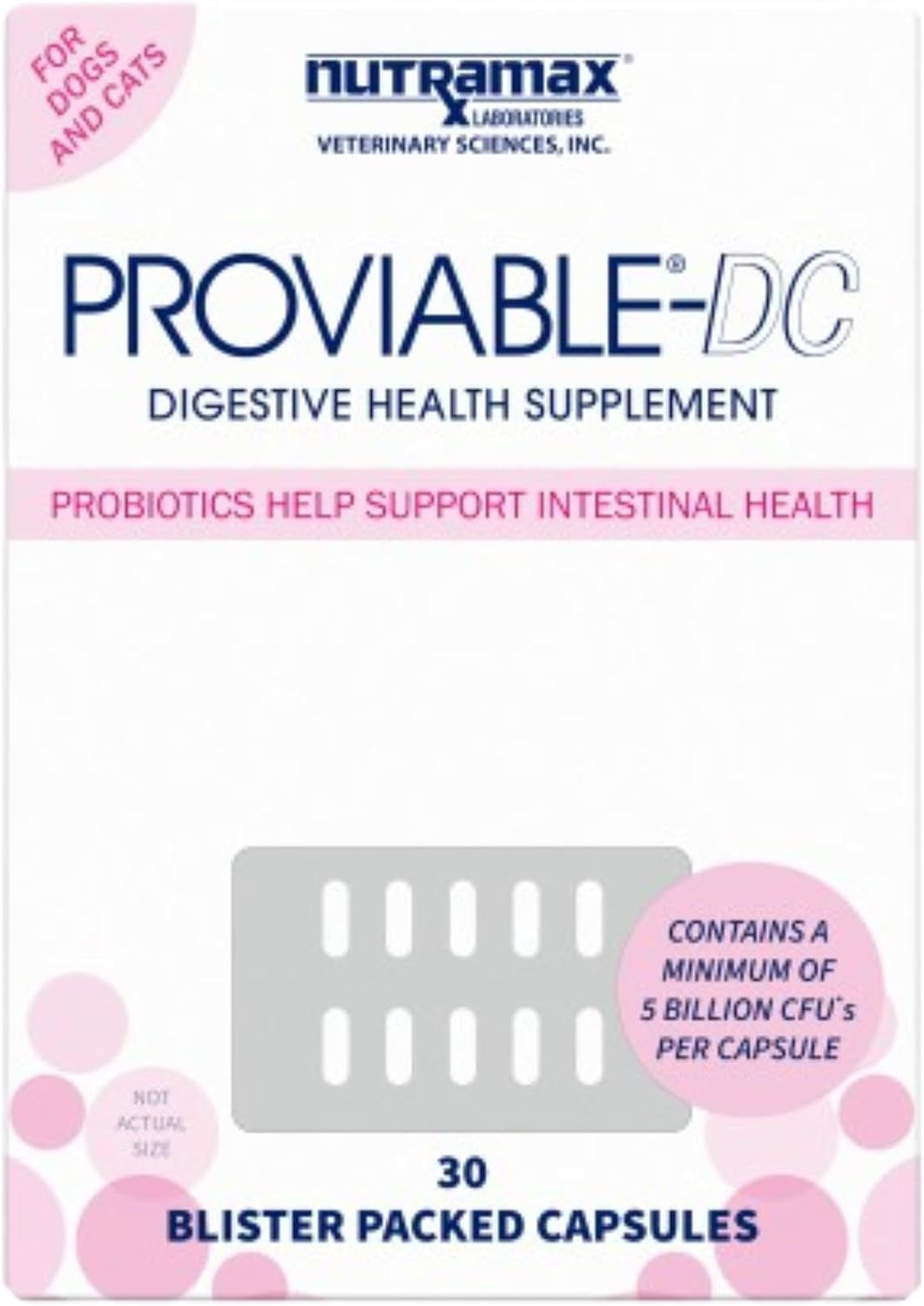 Nutramax Proviable Digestive Health Supplement Multi-Strain Probiotics and Prebiotics for Cats and Dogs - with 7 Strains of Bacteria, 30 Capsules