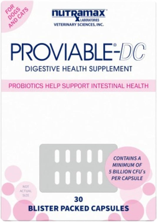 Nutramax Proviable Digestive Health Supplement Multi-Strain Probiotics and Prebiotics for Cats and Dogs - with 7 Strains of Bacteria, 30 Capsules