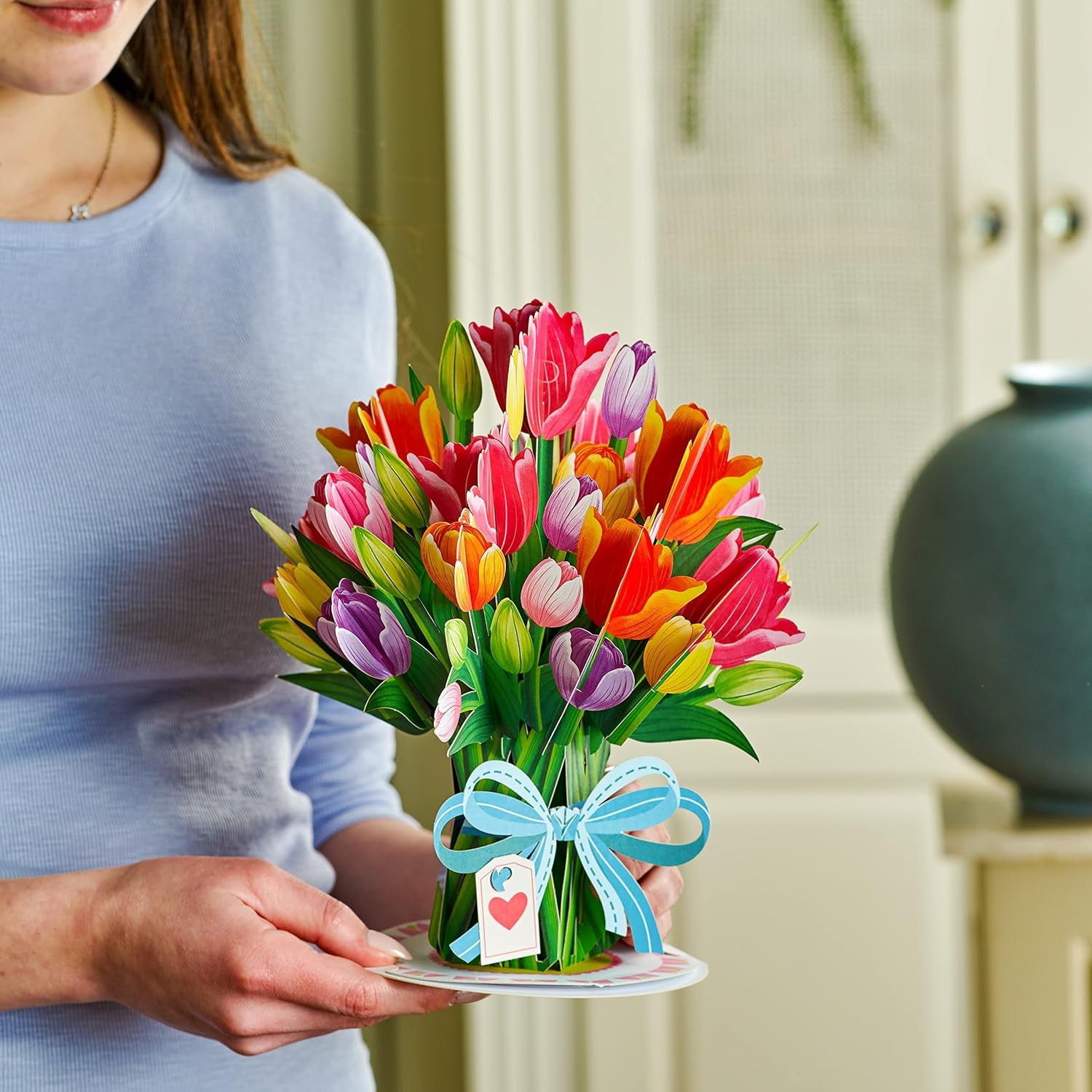 Hugepop Tulips Flower Bouquet 3D Popup Card, with Detachable Paper Bouquet, Gift for Birthday, Mothers Day, Anniversary, Thank You, All Occasion - Jumbo 10" X 14" Cards - Includes Envelope and Note