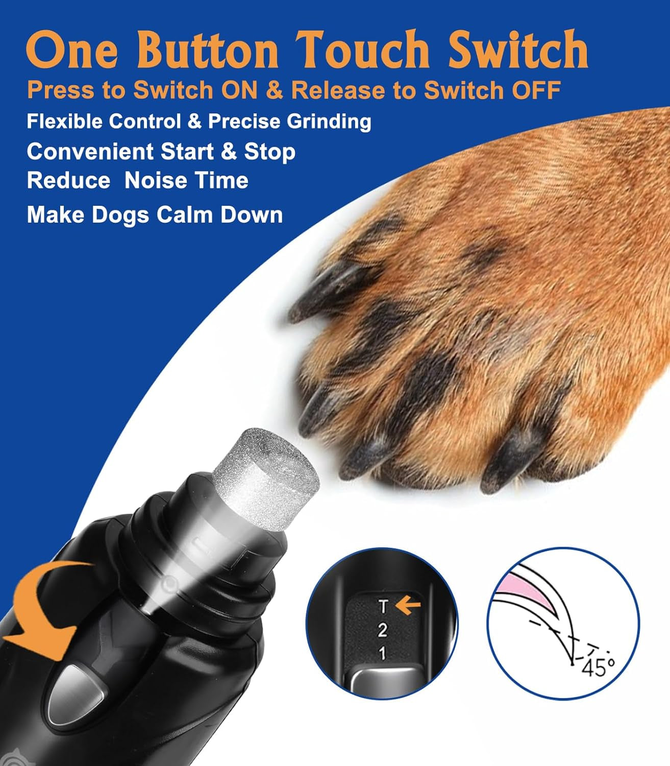 Dog Nail Grinder, 2-Speed and LED Light, Powerful Touch-Switch, Quiet and Low-Vibration Dog Nail Trimmers, and 3 Ports for Large Dogs, Medium, Small Dogs Cats Pets with Hard or Thick Nail