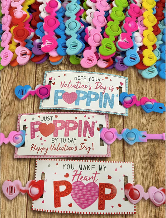 Valentines Day Gifts for Kids - 24 Pack Valentines Cards with Heart POP Bracelets - Sensory Fidget Toys Valentine for School Classroom Gift Exchange Party Favors Supplies for Toddlers Girls Boys