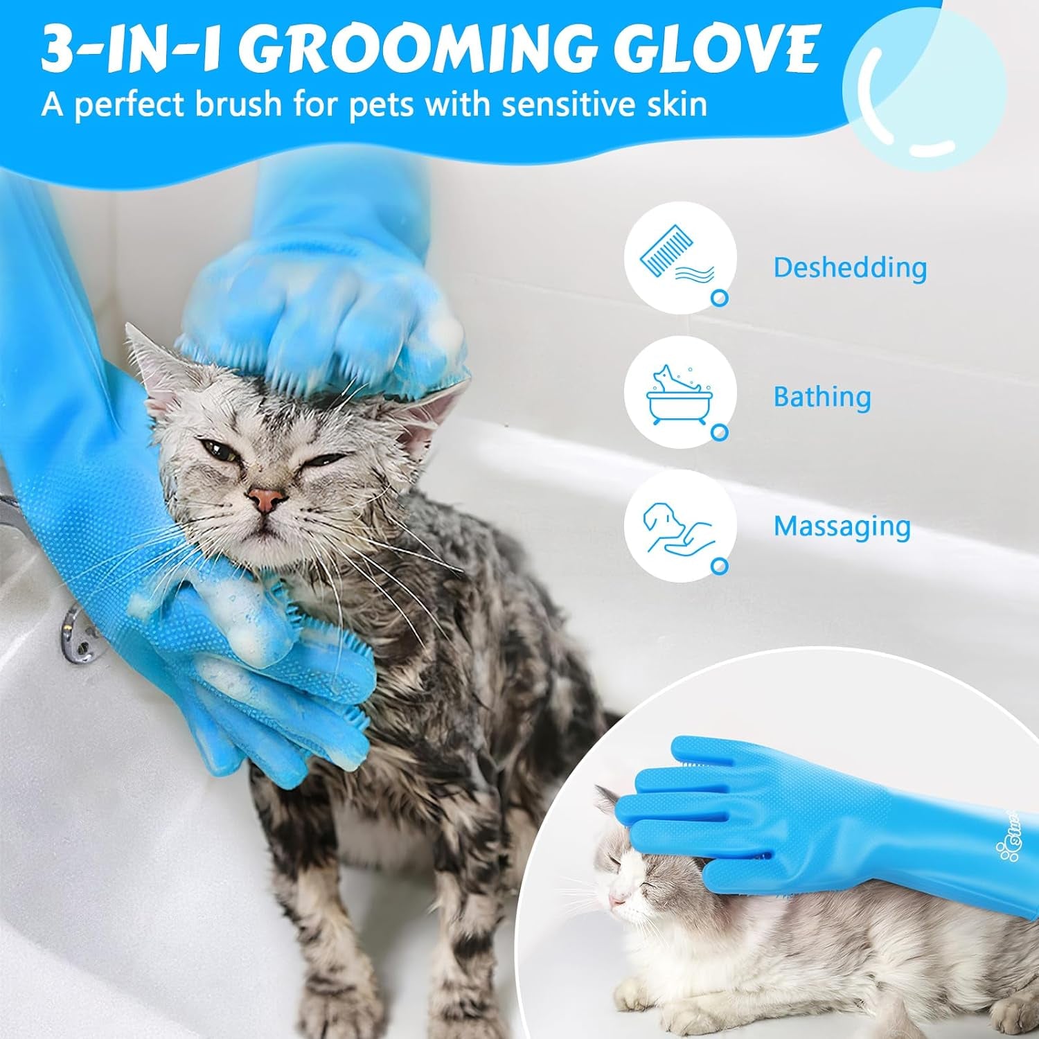 Pet Grooming Gloves - Heat Resistant Silicone Gloves with High-Density Teeth, Enhanced Five Finger Design for Bathing and Massaging Dogs and Cats, Blue