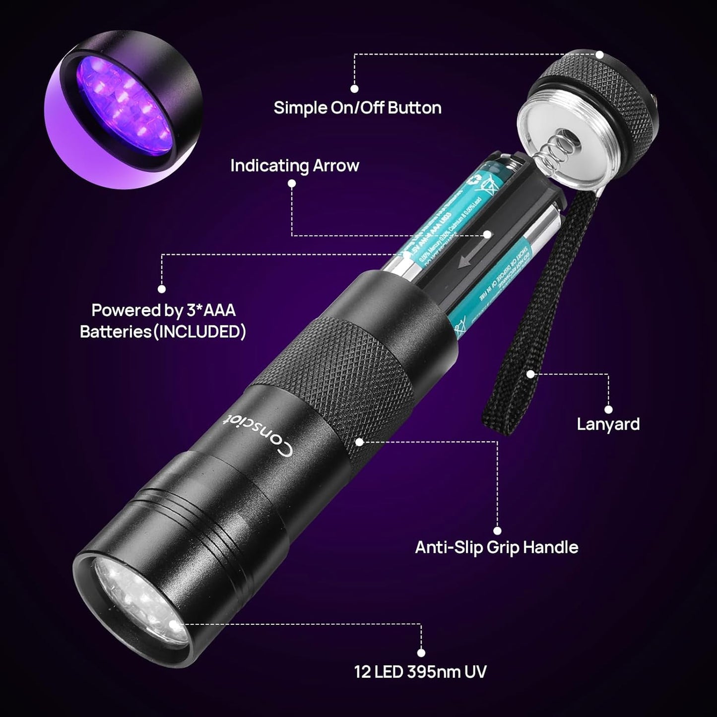 UV Flashlight Black Light,  12 LED 395Nm Ultraviolet Blacklight, Portable Mini Torch Light Pet Urine Detector for Dog/Cat Urine, Dry Stains, Bed Bug, Matching with Pet Odor Eliminator